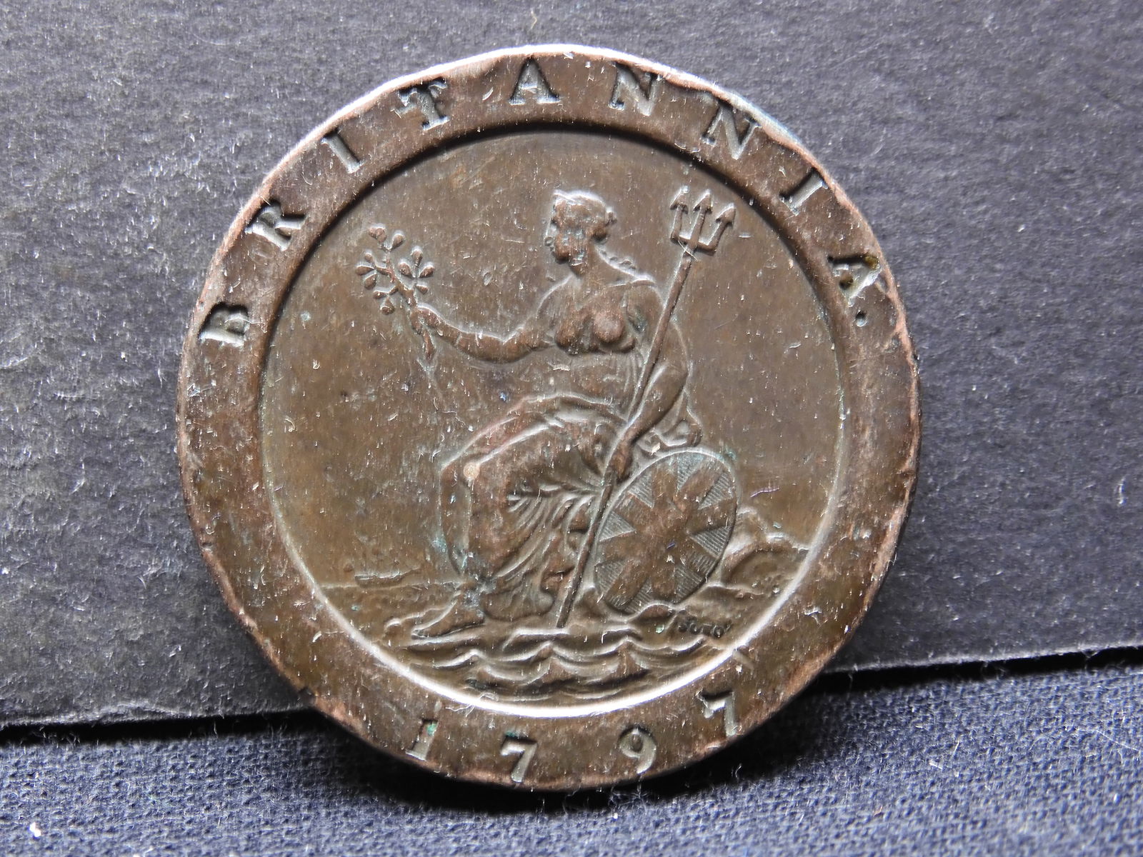 1797 Great Britain 2 Pence Large Crown Sized Coin.  OBV: George III.  REV:  "BRITTANIA".  Coin (1 of 2)
