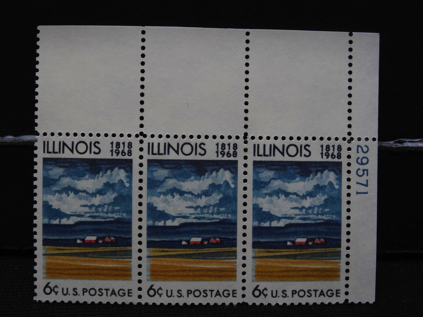 1968 Block Of Three 6-Cent U.S. Stamps Commemorating 150th Anniversary Of Illinois Statehood. (1 of 2)