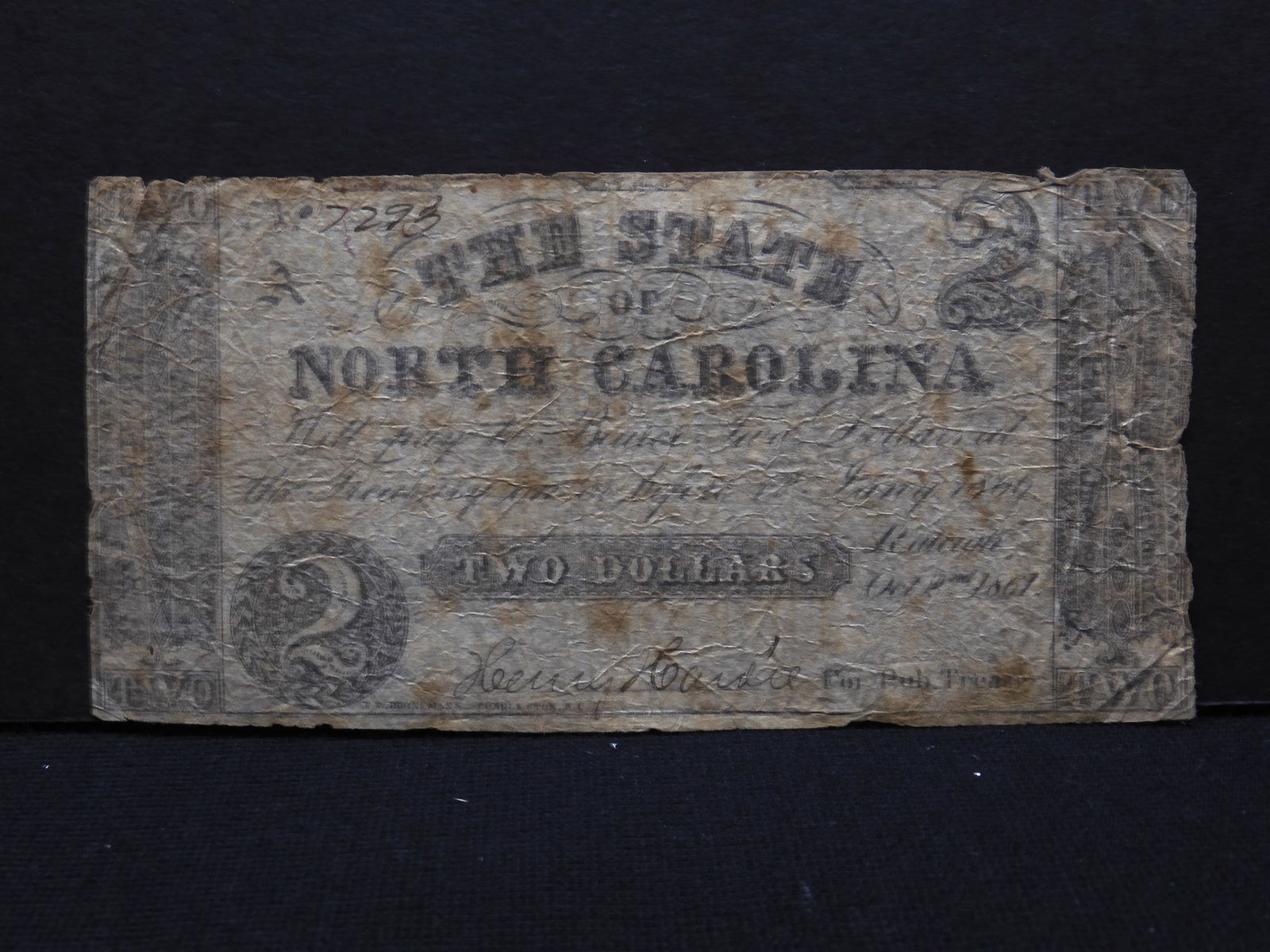 1861 State of North Carolina $2 Obsolete Note (printed on back of $5 Confederate Note) (1 of 3)