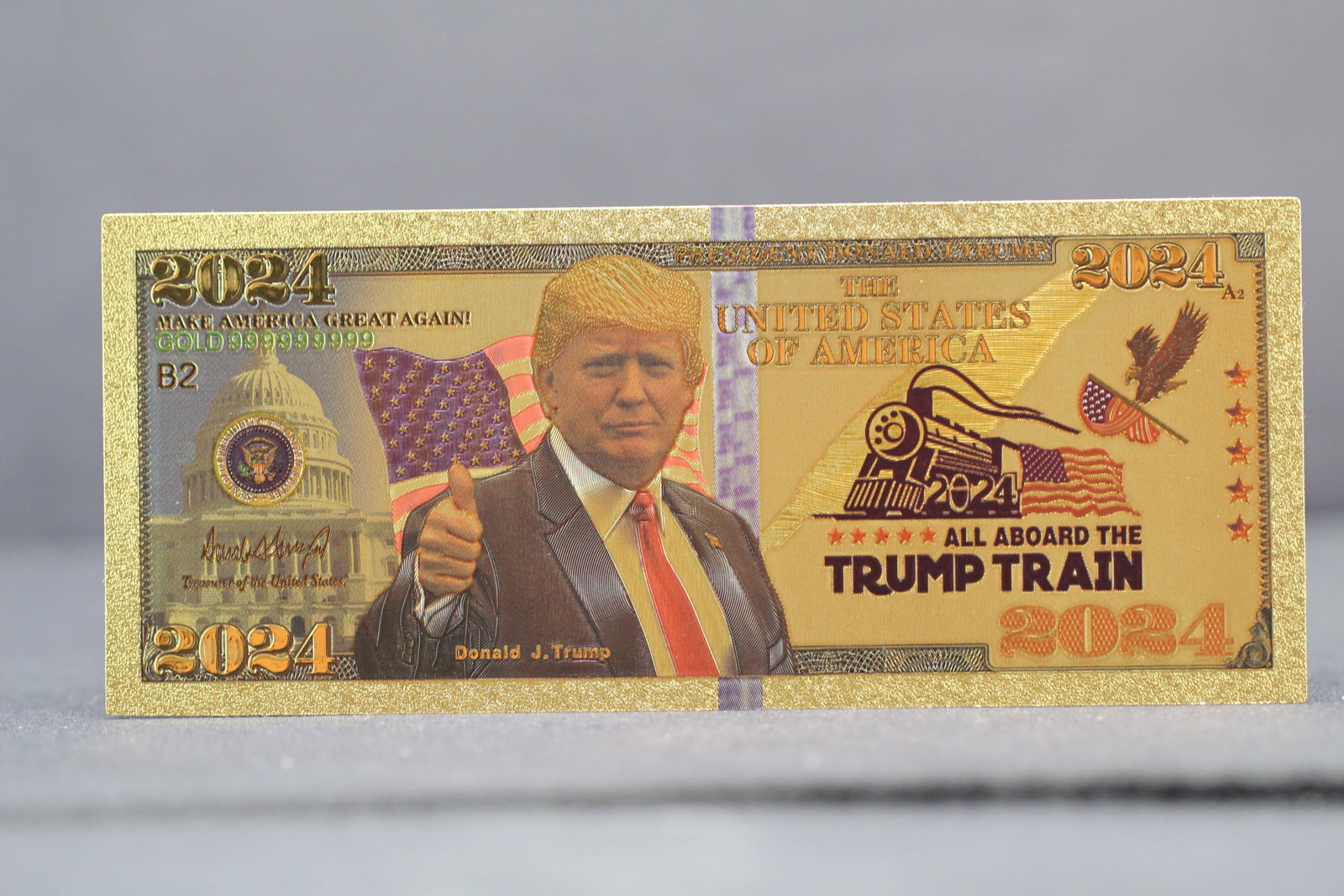 Donald Trump 2024 All Aboard The Trump Train Gold Foiled Note: Donald Trump 2024 All Aboard The Trump Train Gold Foiled Note