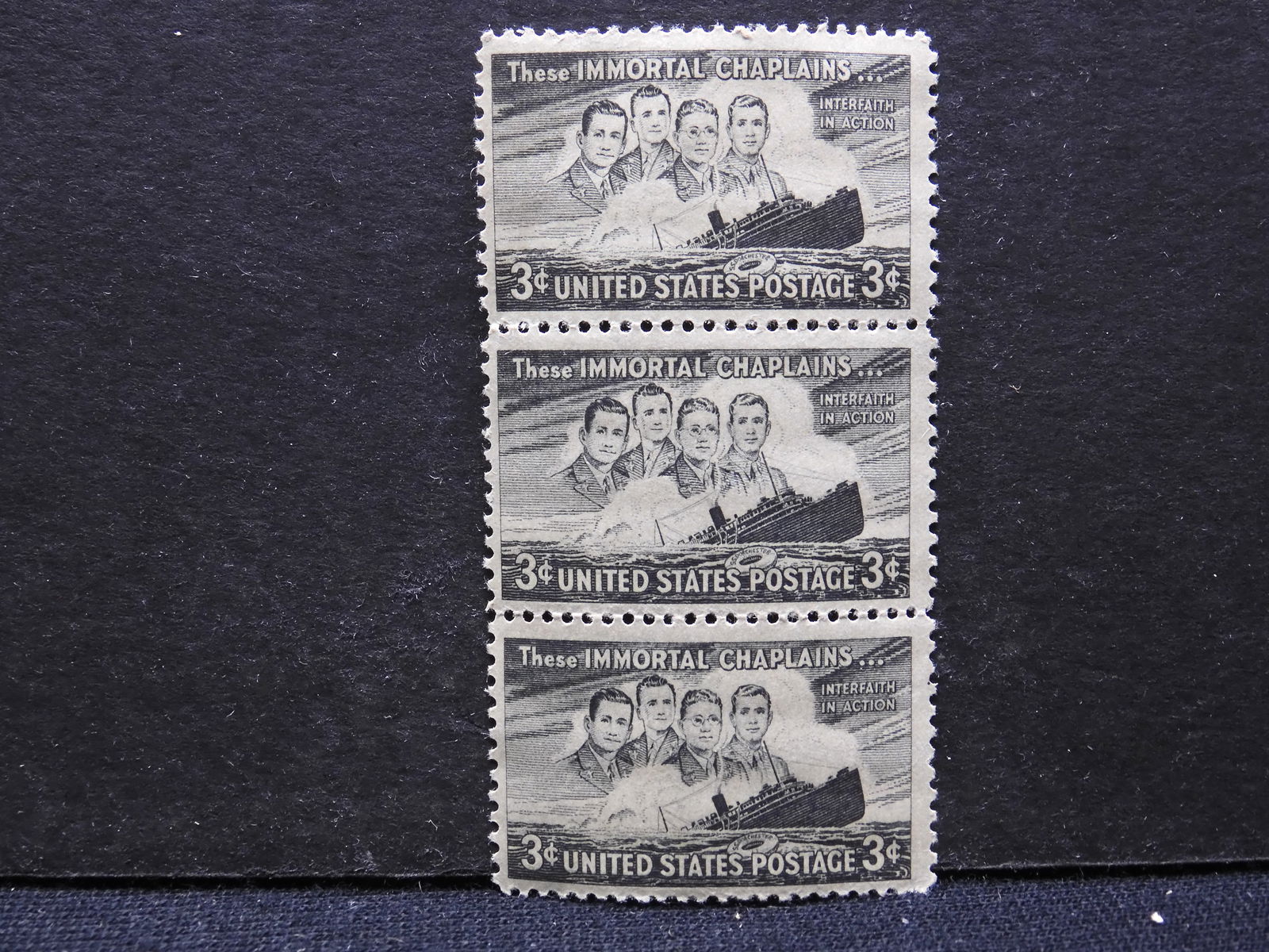 1948 Block Of Three 3-Cent U.S. Stamps Commemorating 4 Immortal Interfaith Chaplains.  Scotts # 956. (1 of 2)