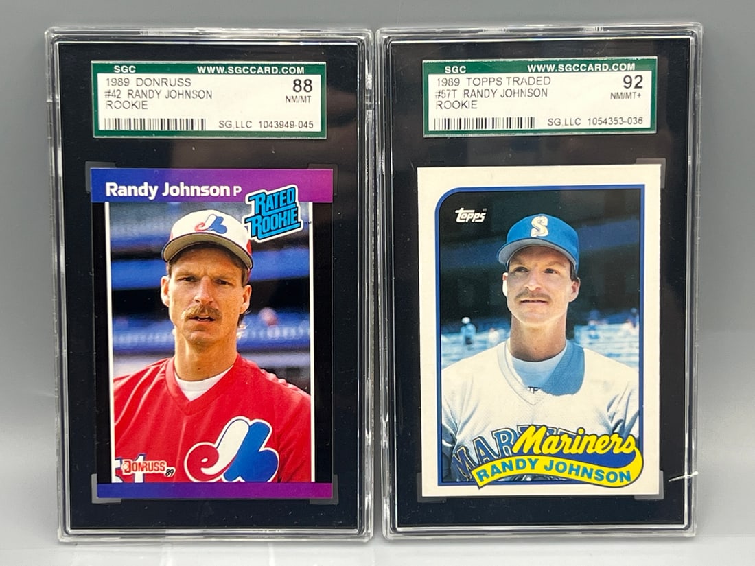 1989 Donruss Randy Johnson RC #42 SGC NM-MT 8 & 1989 Topps Traded Randy Johnson RC #57T SGC NM-MT+ (1 of 2)