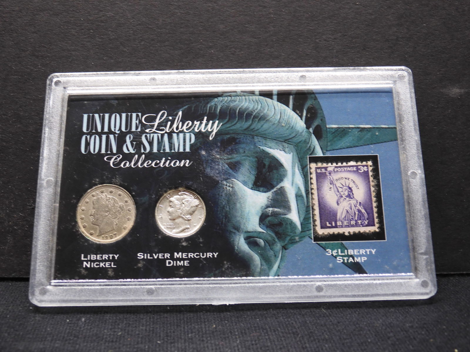 Unique Liberty Coin & Stamp Collection - 2 Coin & 1 Postal Stamp - Nice Holder (1 of 2)