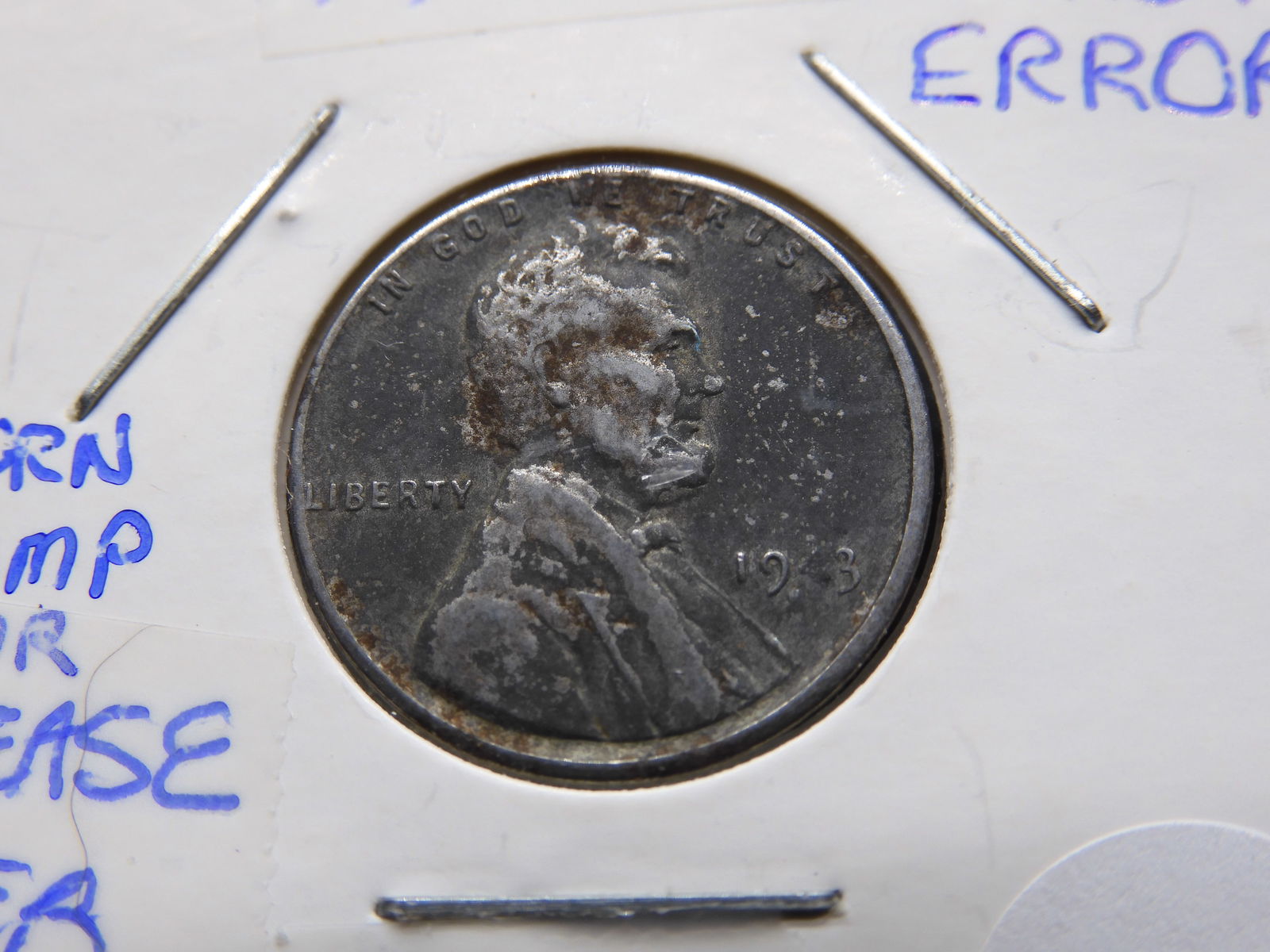 ERROR coin 1943 S steel cent, worn stamp / grease blocking the 4 & S mm , VF (1 of 3)