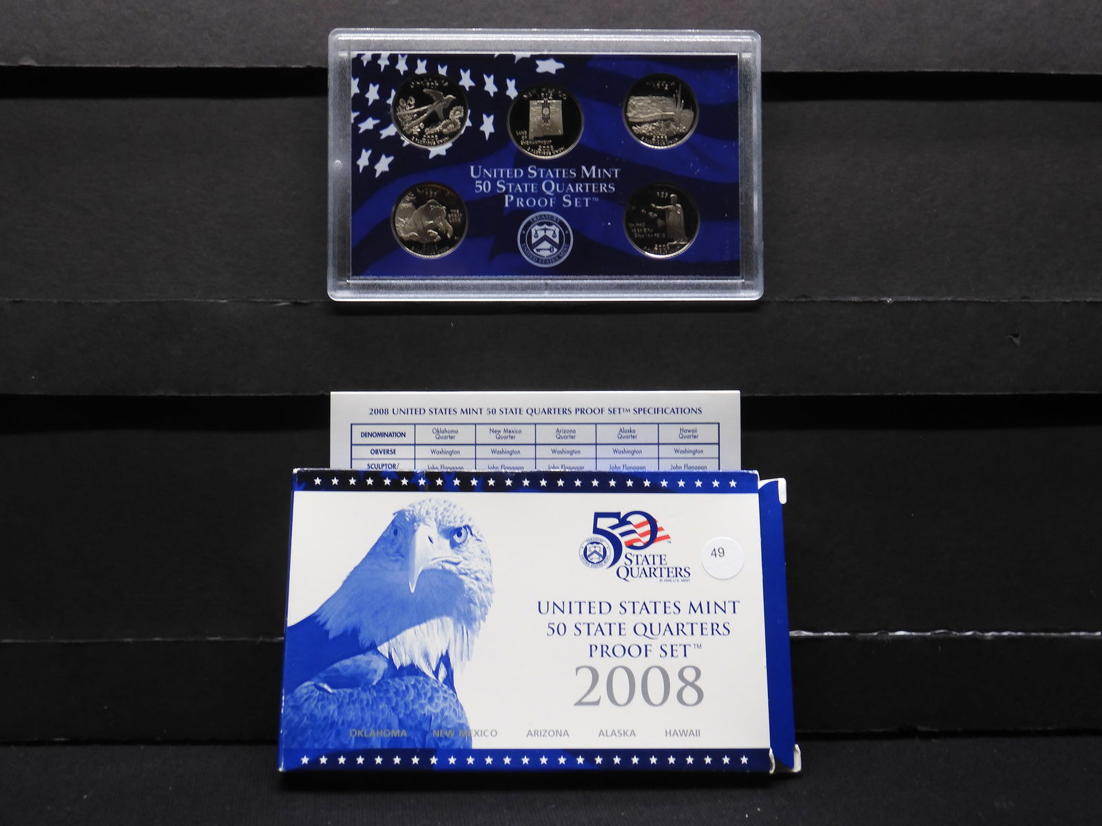 2008-S five coin state quarters proof set. Original box with COA. (1 of 4)
