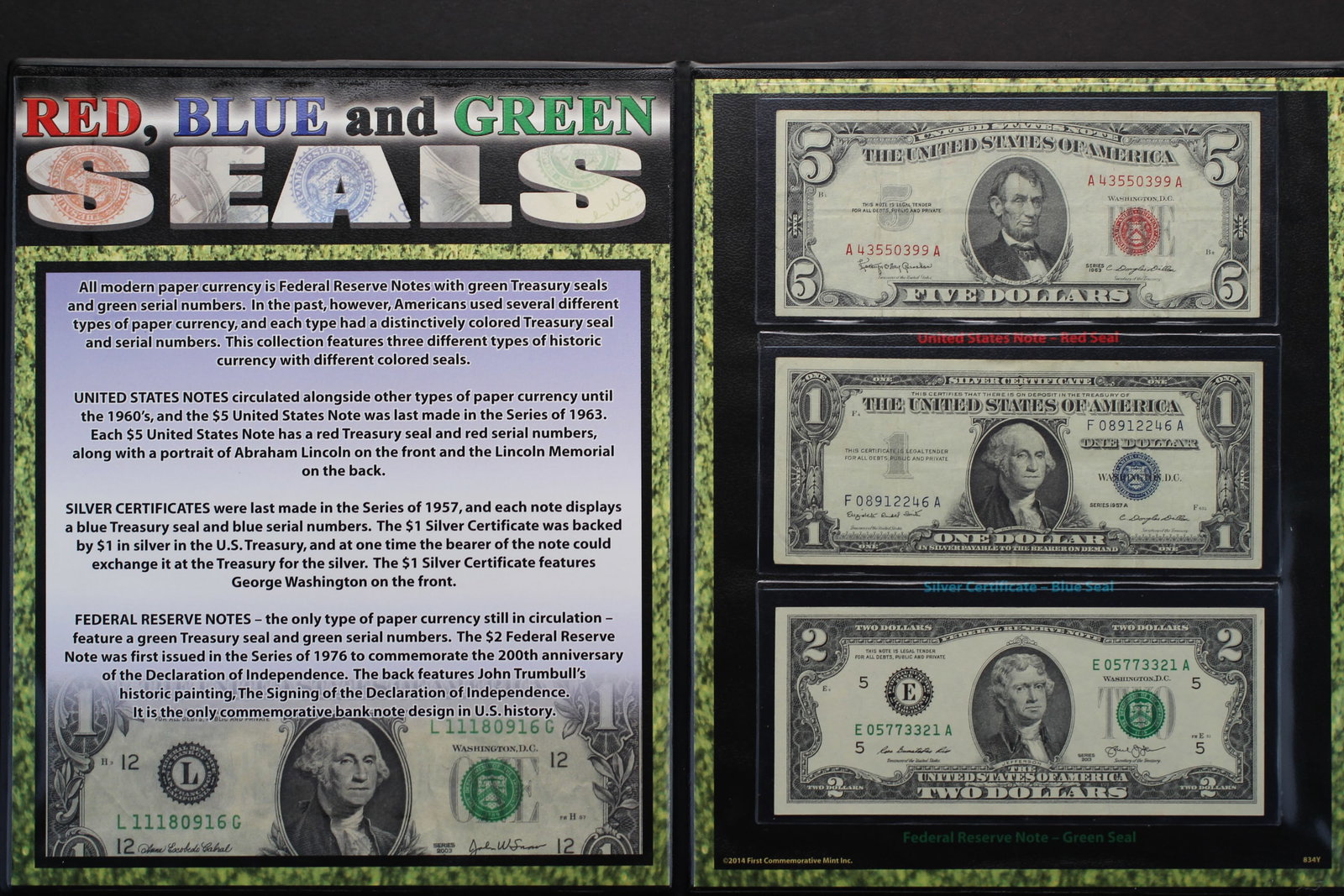 Beautiful US Currency Set; 1963 Red Seal $5 Note, 1957-A Blue Seal $1 Silver Certificate, 2013 Green (1 of 4)