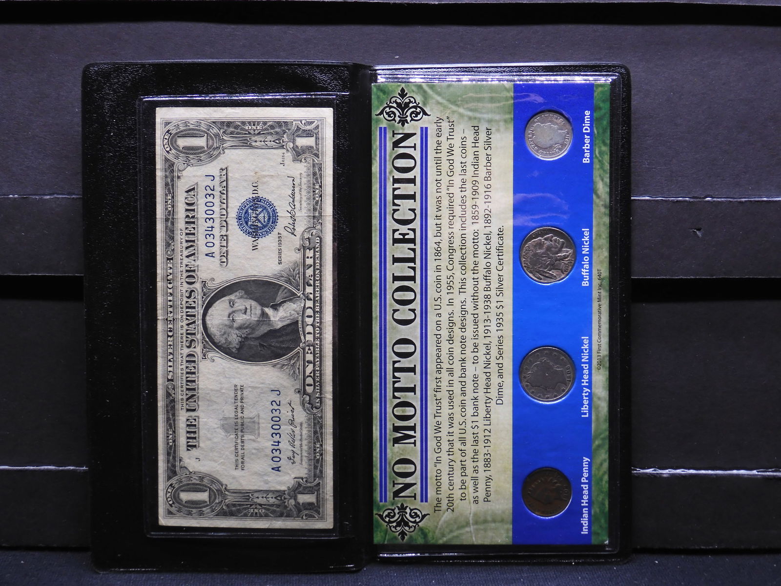 No Motto Collection - Silver Cert. Note & 4 Coins w/ Historic Facts (1 of 10)