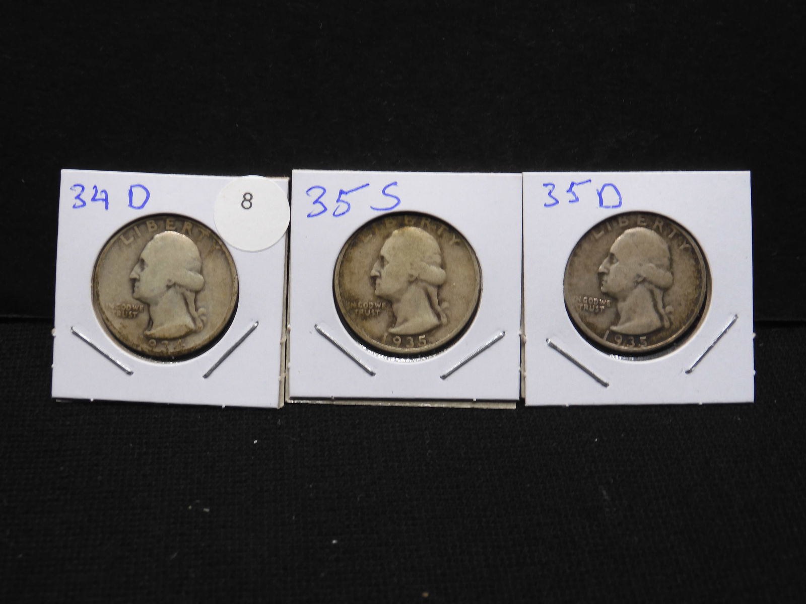Three early Washington Quarters: 1934-D, 35-S, and 35-D. VG (1 of 3)