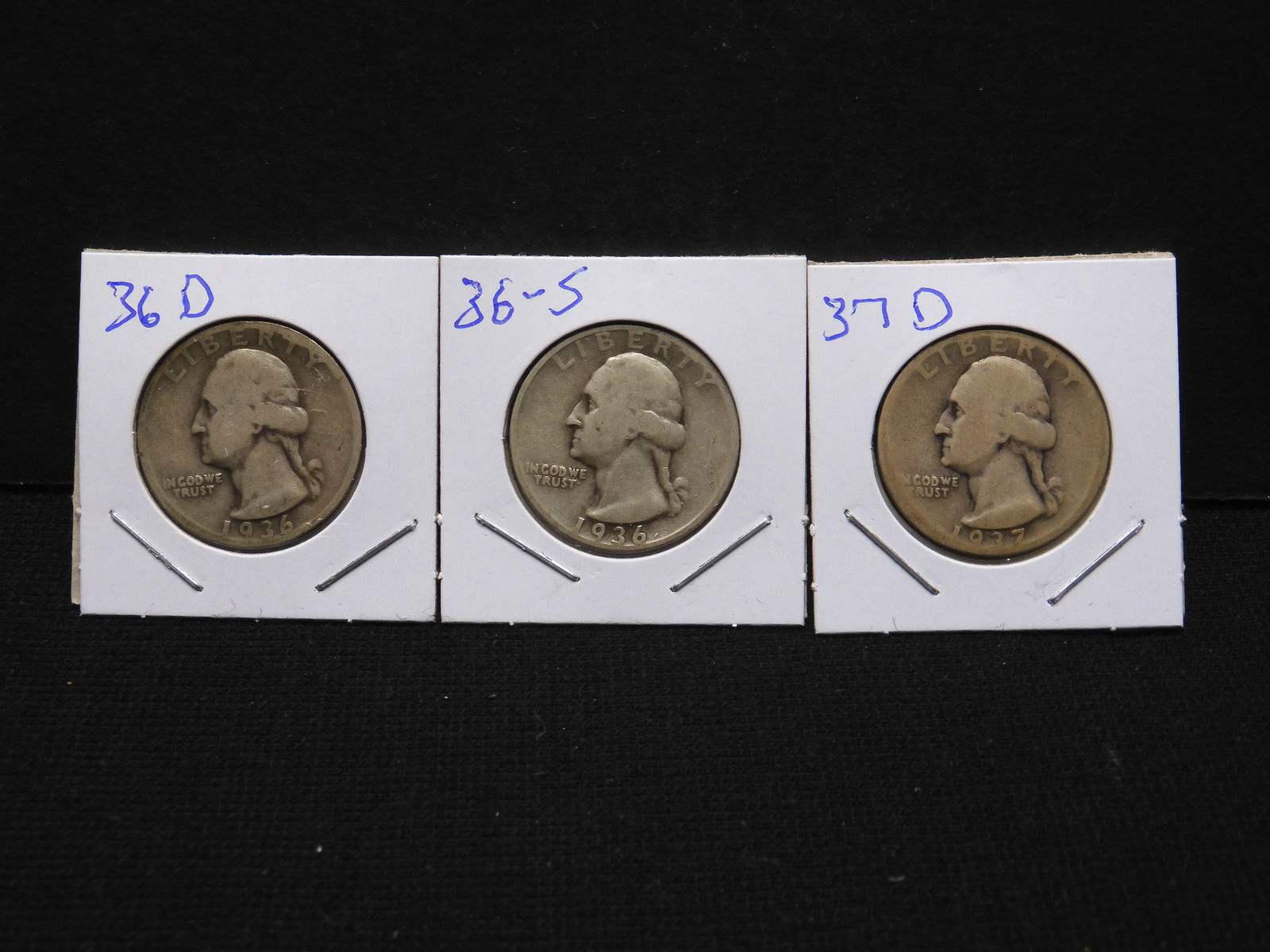 Three early Washington Quarters: 1936-D, 36-S, and 37-D. VG (1 of 3)