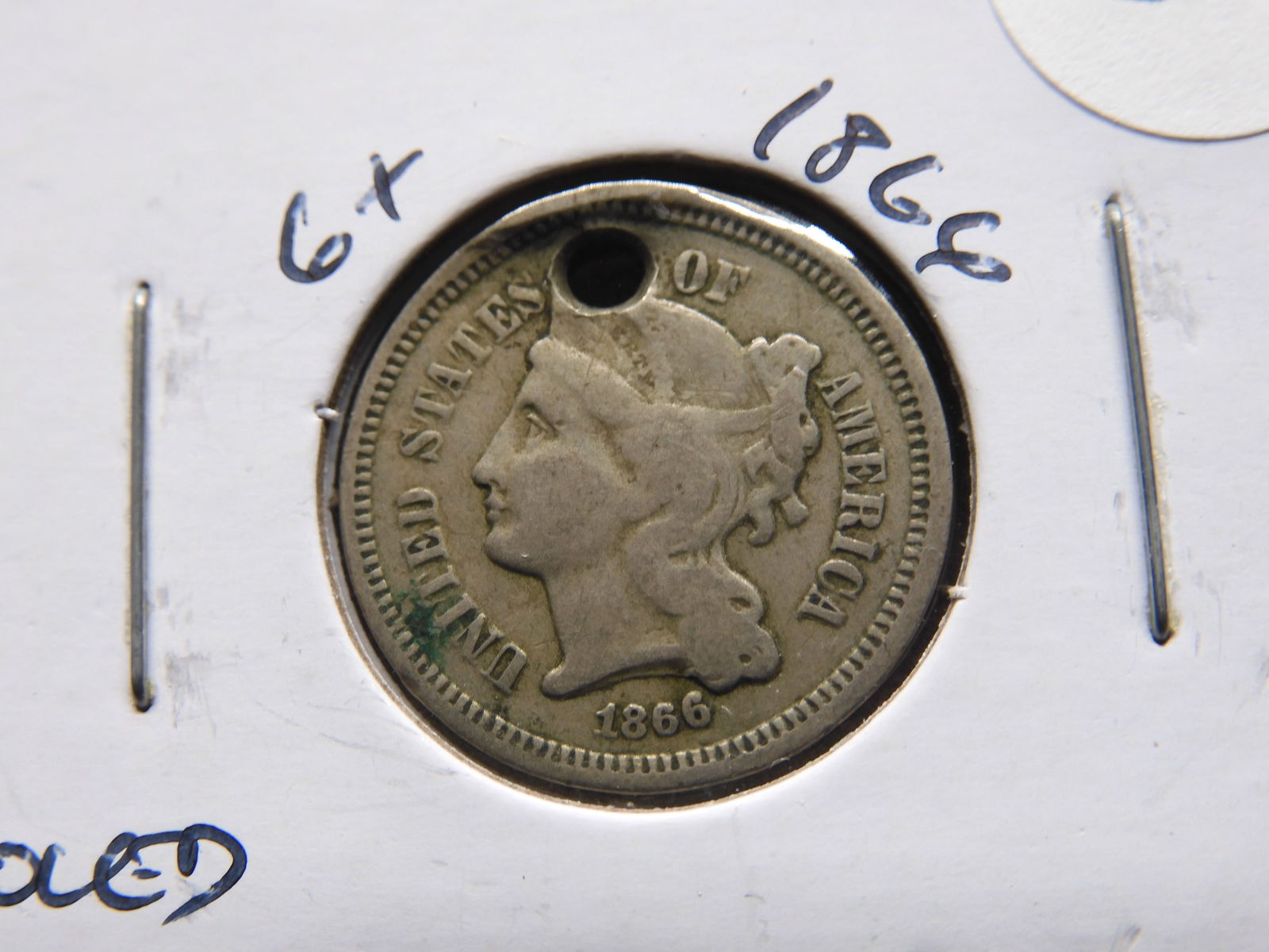 1866 Three Cent Piece - Post Civil War Era - Holed (1 of 3)