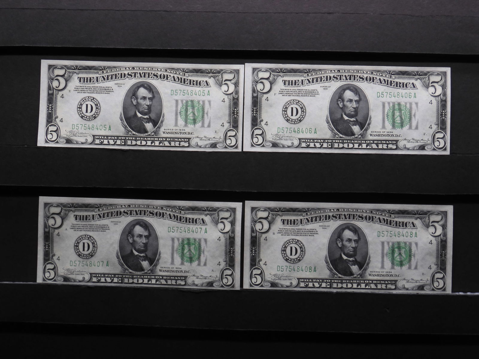 (4) 1934 $5 Federal Reserve Notes.  Consecutive serial numbers in GEM CRISP Uncirculated. (1 of 4)