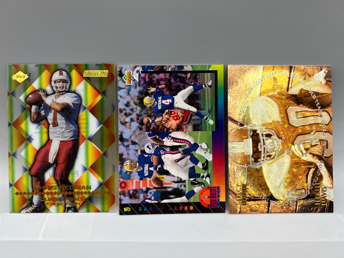 Lot of (3) Assorted Football Star Player Cards - Varying Conditions - Brett Favre, Terrell Davis, (1 of 2)
