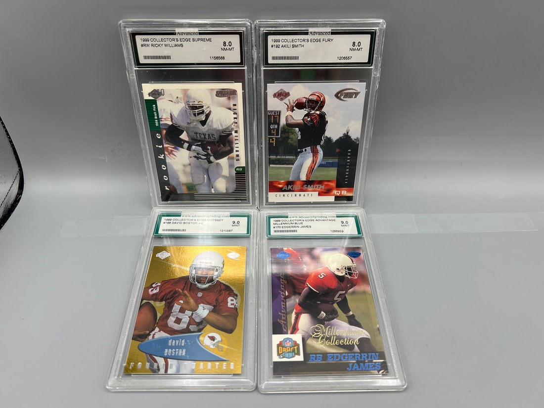 Lot of (4) Advanced Grading Football Slabbed Rookie Cards - Ricky Williams & Edgerrin James (1 of 2)
