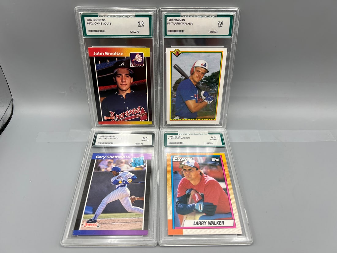 Lot of (4) Advanced Grading Slabbed Baseball Rookie Cards - John Smoltz, Larry Walker, Gary (1 of 2)