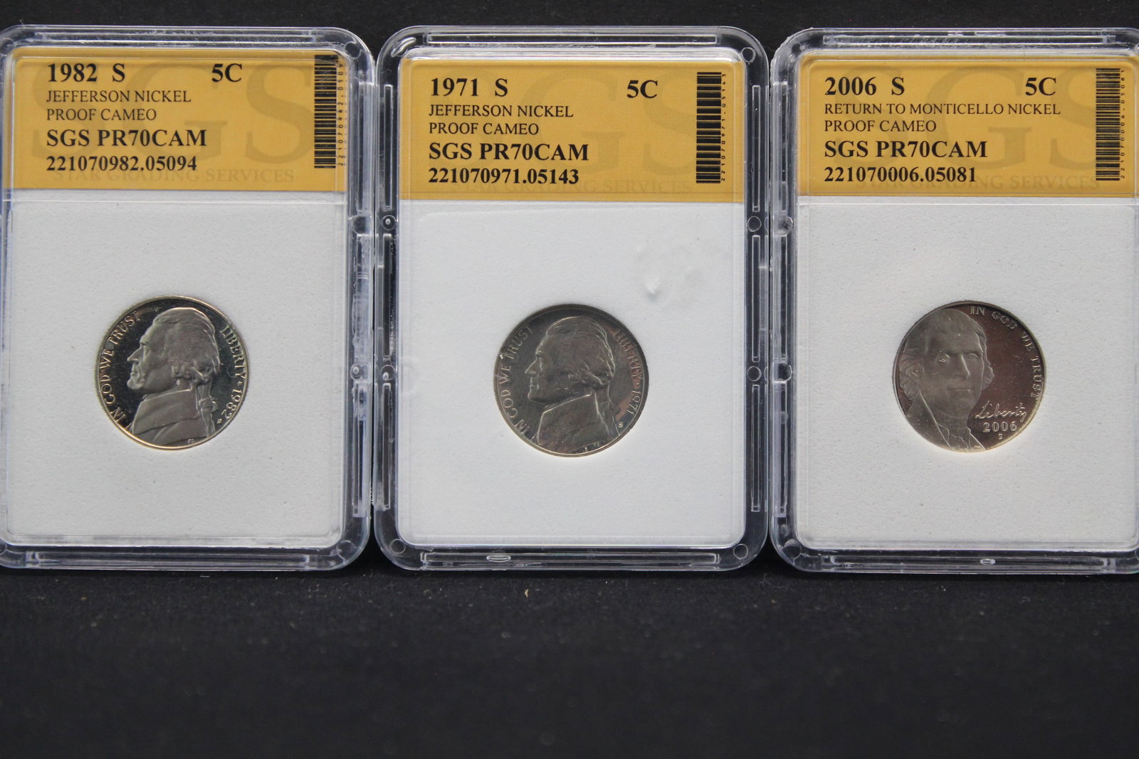 1971-S, 1982-S, 2006-S Proof Jefferson Nickels SGS Slabbed: 1971-S, 1982-S, 2006-S Proof Jefferson Nickels SGS Slabbed