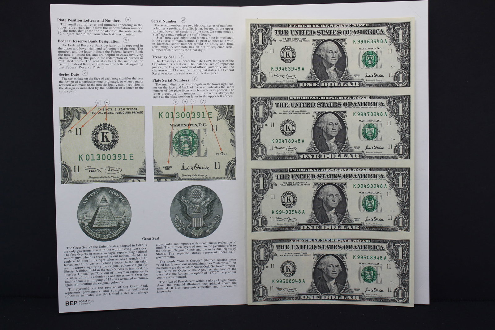 Bureau of Engraving and Printing Sheet of Four 2001 Green Seal $1 Federal Reserve Notes: Bureau of Engraving and Printing Sheet of Four 2001 Green Seal $1 Federal Reserve Notes