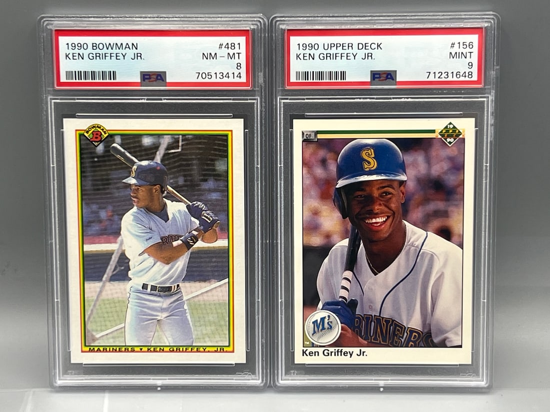 1990 Bowman Ken Griffey Jr. #481 PSA NM-MT 8 & 1990 Upper Deck Ken Griffey Jr. #156 PSA Mint 9 (1 of 2)