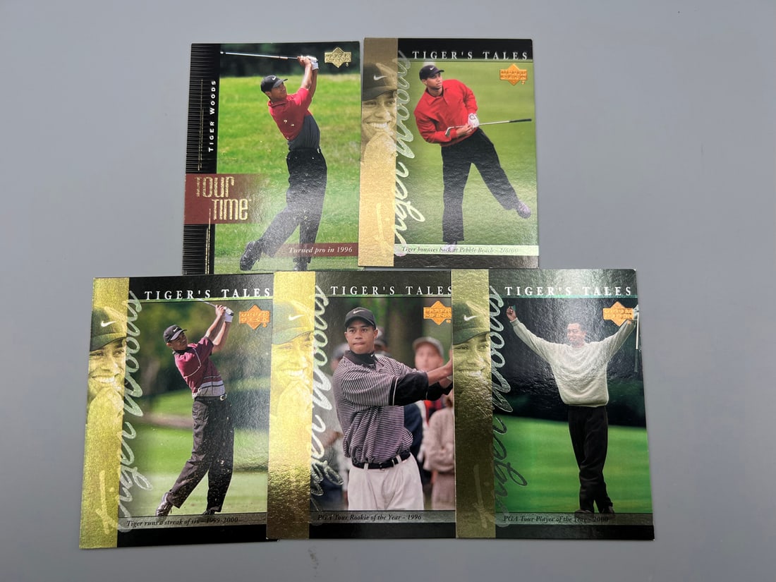 Lot of (5) 2001 Upper Deck Tiger Woods Rookie Insert Cards - Varying Conditions (1 of 3)
