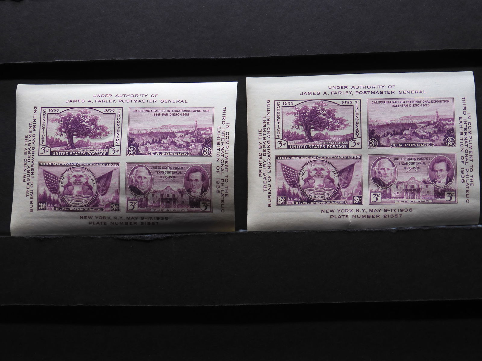 1936 Third International Philatelic Exposition Souvenir Sheet, 3-Cent Plate Block Of 4 U.S. Stamps. (1 of 2)