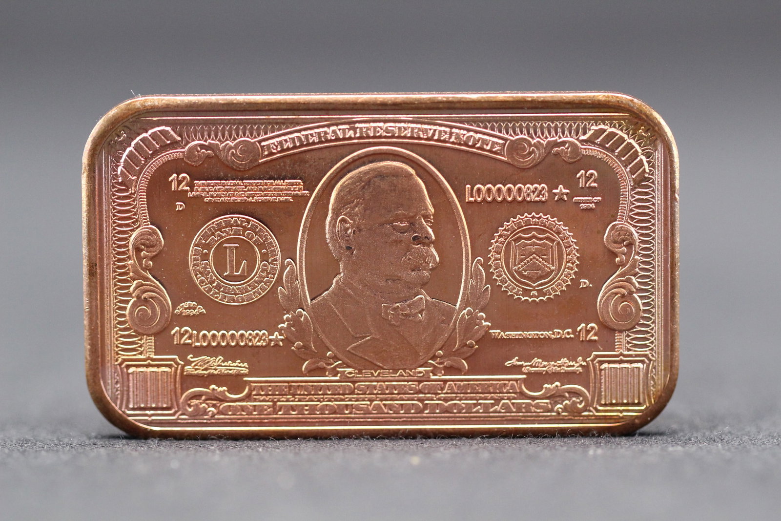 Grover Cleveland $1000 Fine Copper Bar: Grover Cleveland $1000 Fine Copper Bar