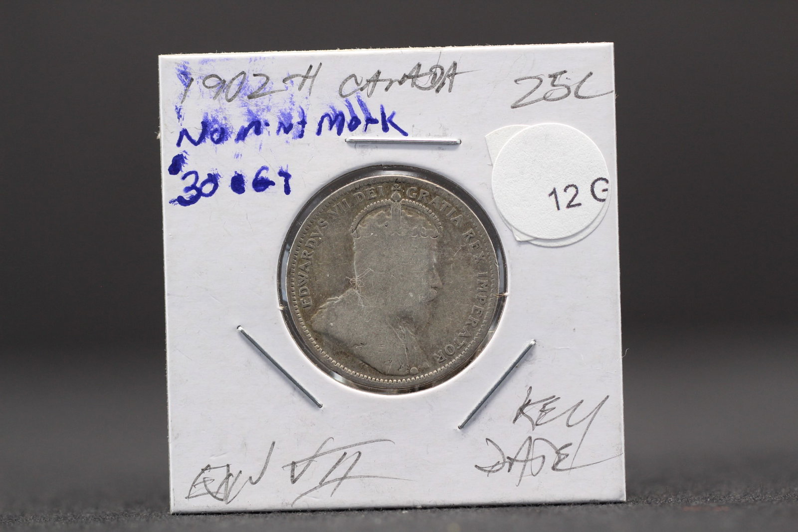 1902-H KEY DATE Canada 25c. 92.5% Silver. LOW MINTAGE. $30 in G4 (1 of 3)