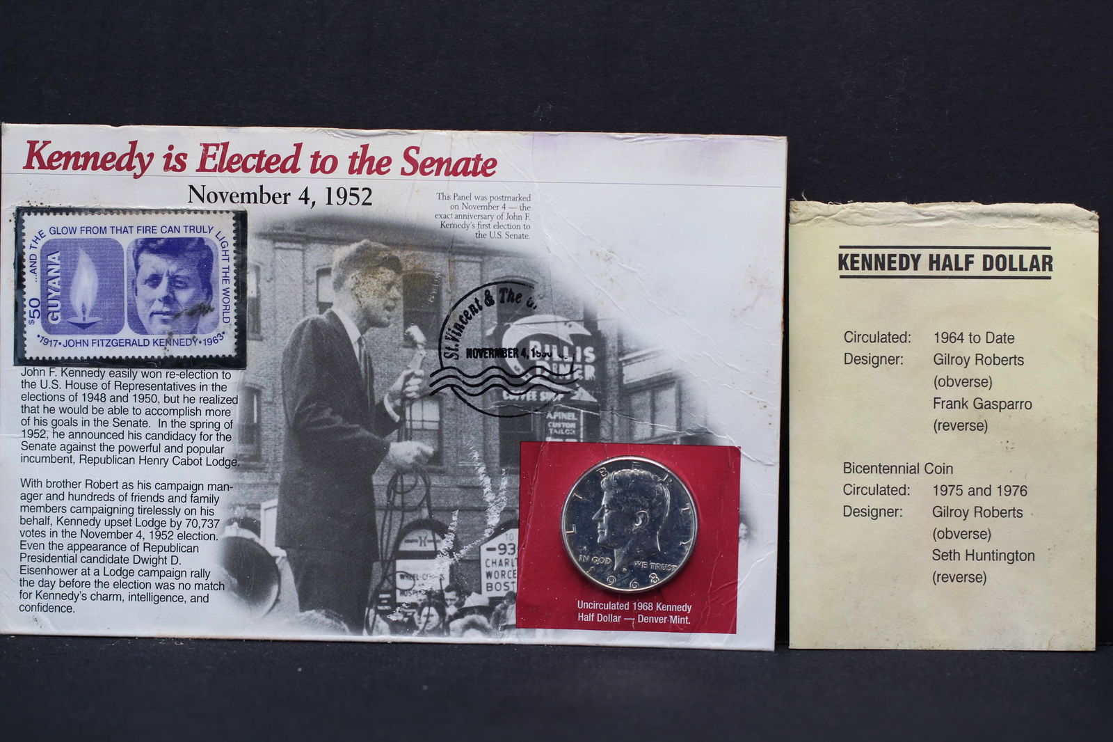 Kennedy is Elected to the Senate Stamp and Coin Set- 1968-D Kennedy Half Dollar+ Stamp (1 of 5)