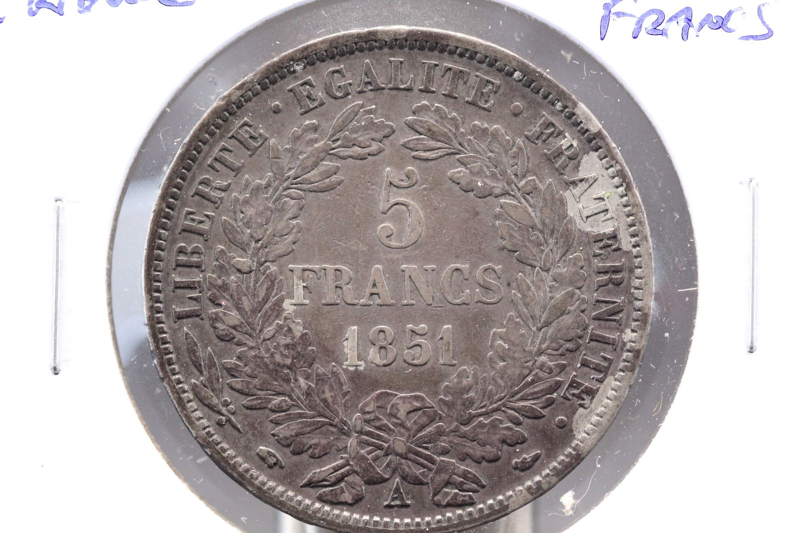 1851-A France Silver 5 Francs. Dollar Size Coin. (1 of 3)