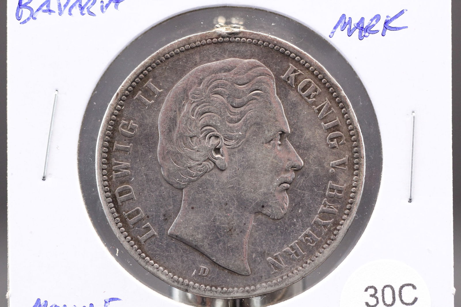 1874 Bavaria Silver 5 Mark. Mount Removed. (1 of 3)