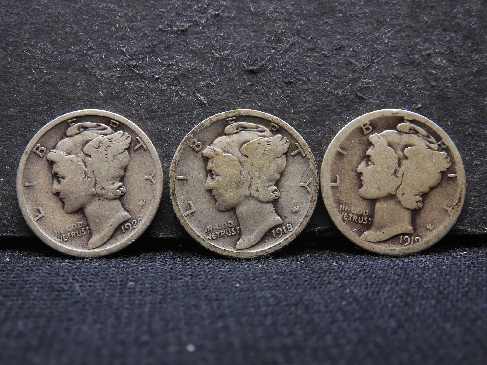 1918 1919-D 1920 Mercury Head Dimes.  3 Coins. (1 of 2)
