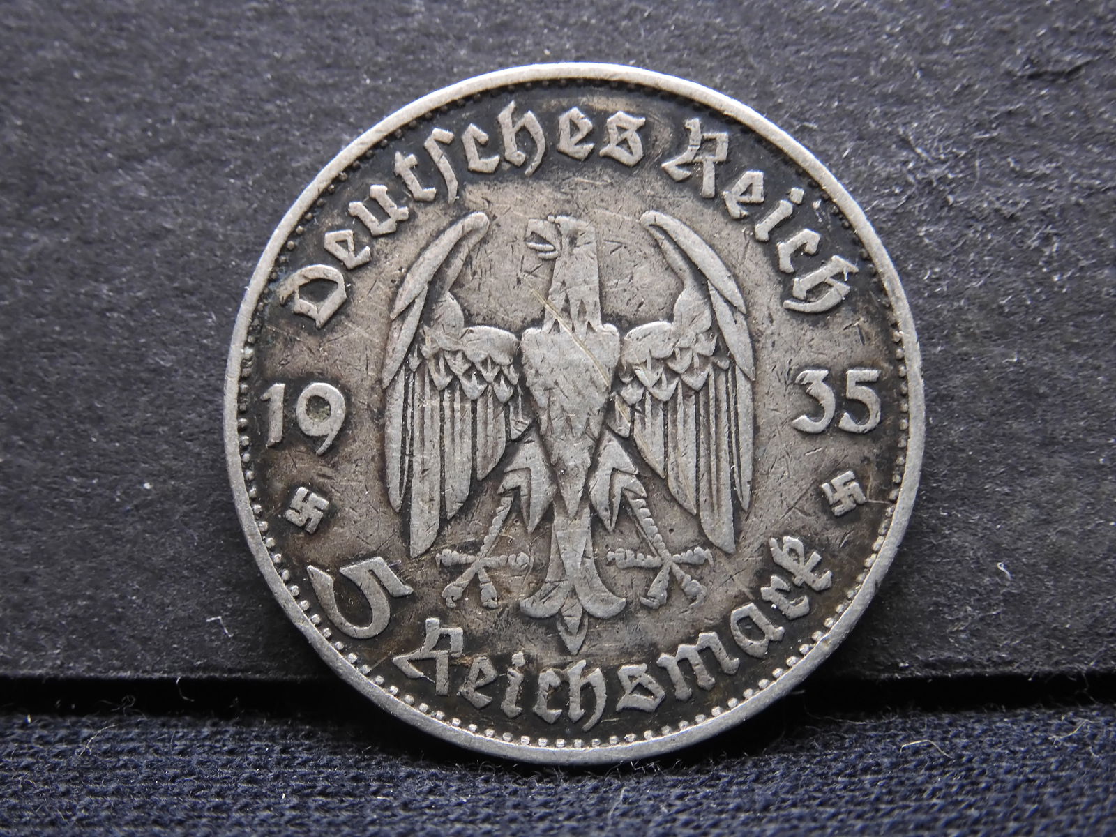 1935 D Germany Silver 5 Mark. Has historical symbols. Original XF. (1 of 3)