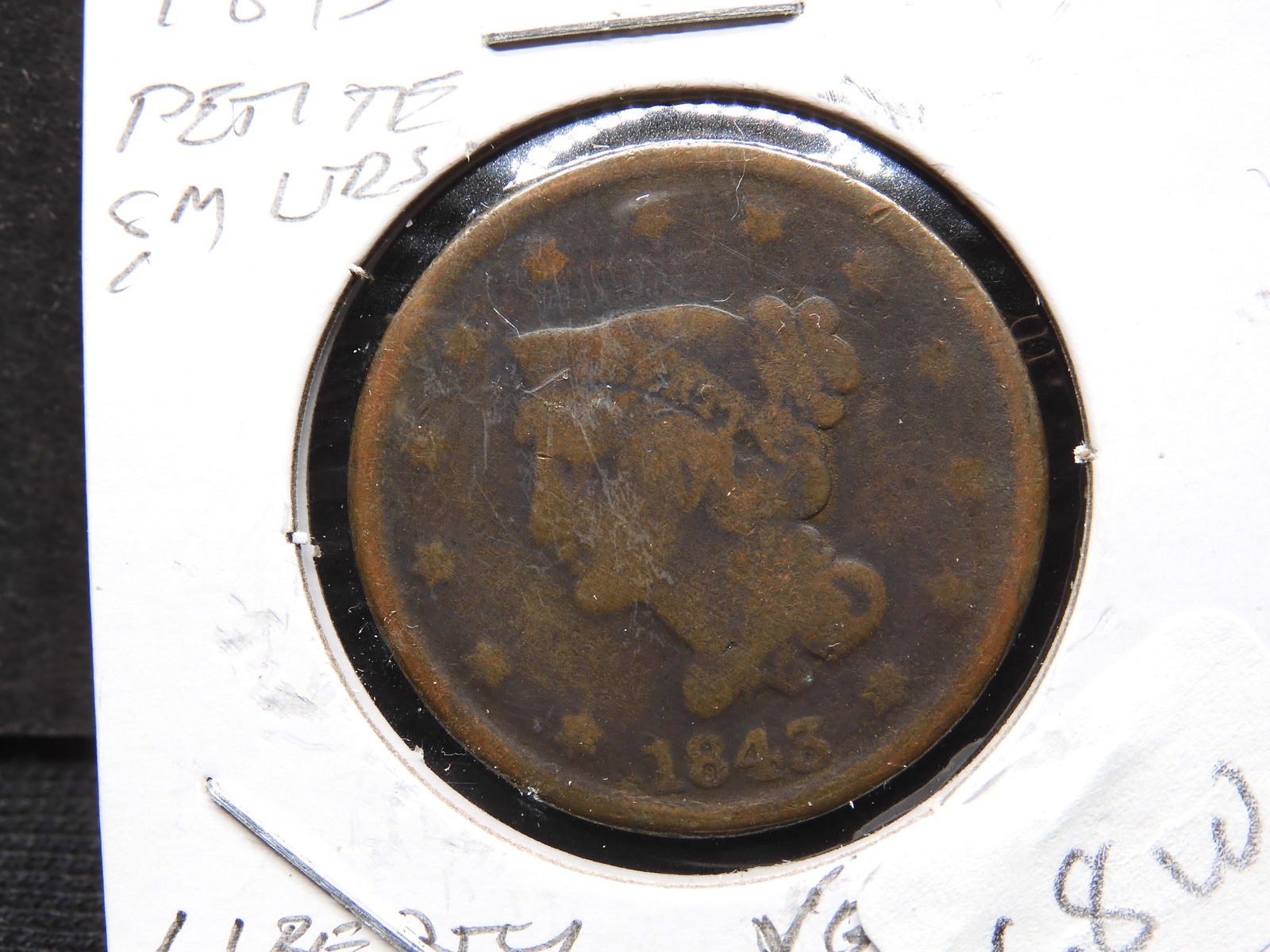 1843 1C BRAIDED HAIR - PETITE SMALL LETTERS - LARGE CENT - VG8 (1 of 3)