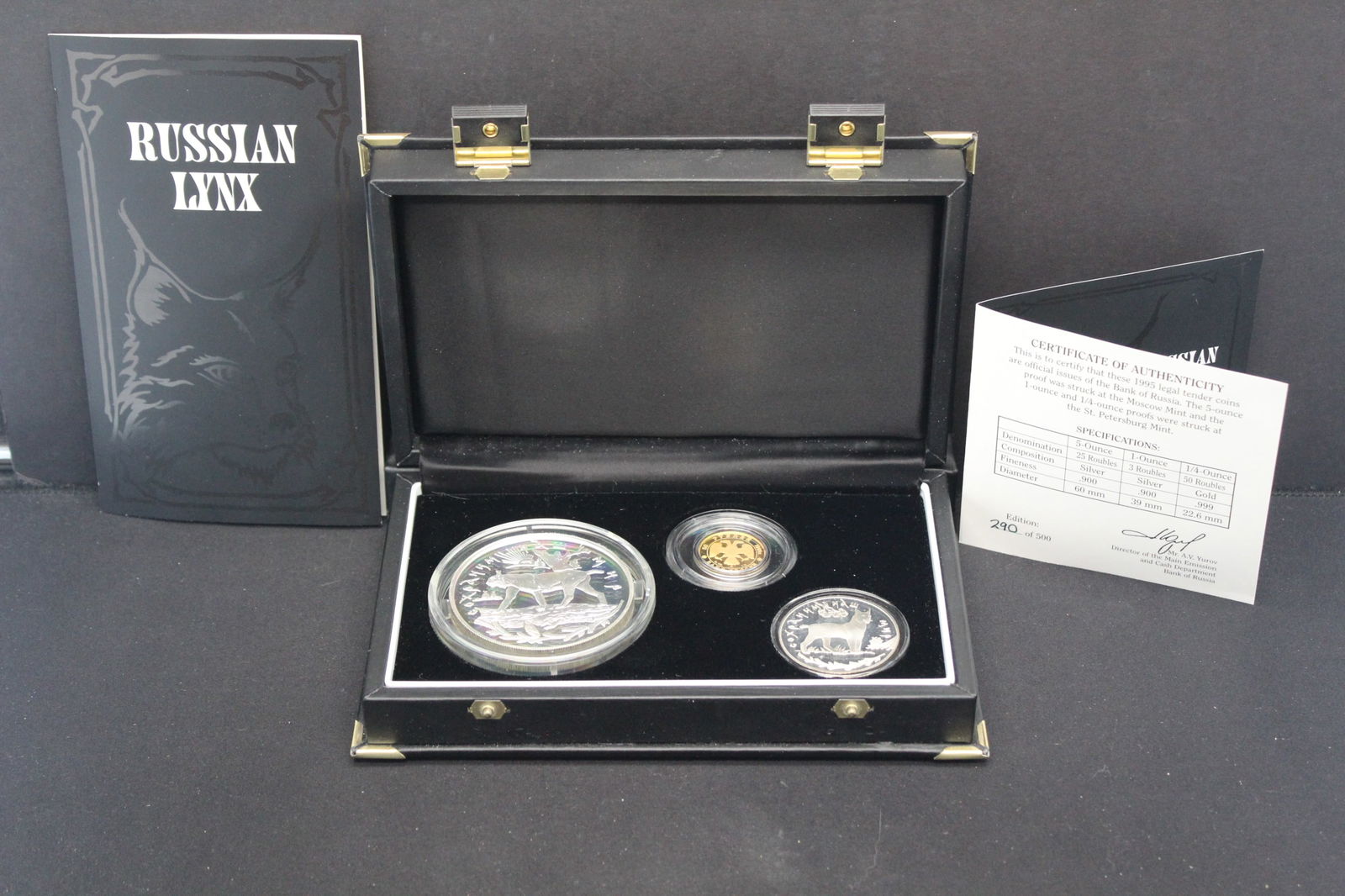 Soviet Lynx Three Piece Proof Set   5oz Silver Rubles, 1 oz 3 rubles, 1/4 oz 50 rubles Gold  w/ Coa (1 of 5)