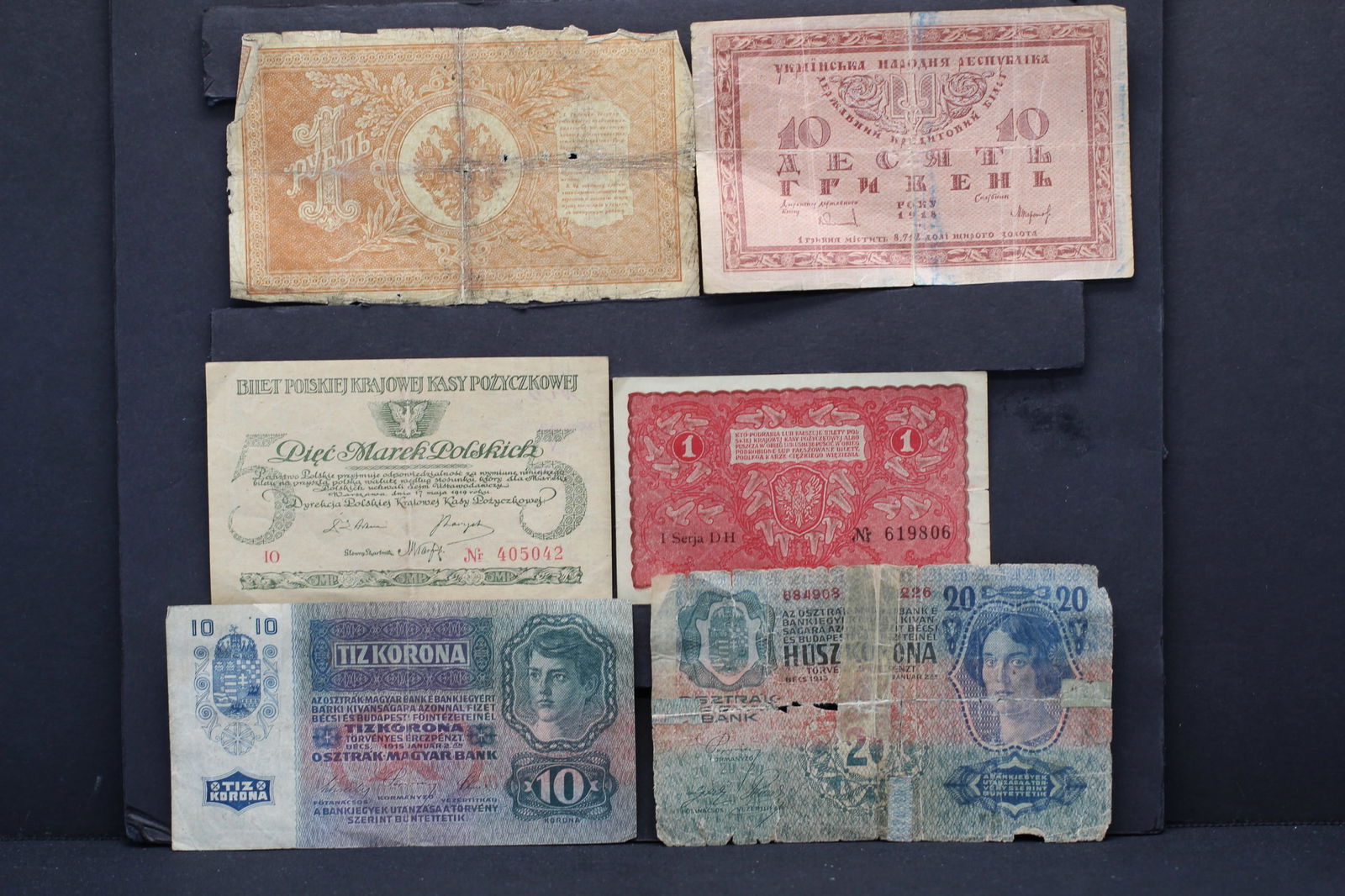 Early 1900s world Banknotes 1915 10 Kronen, 1913 20 Kronen (Austria); 1919 5 Marek, 1919 1 Kasa (1 of 5)