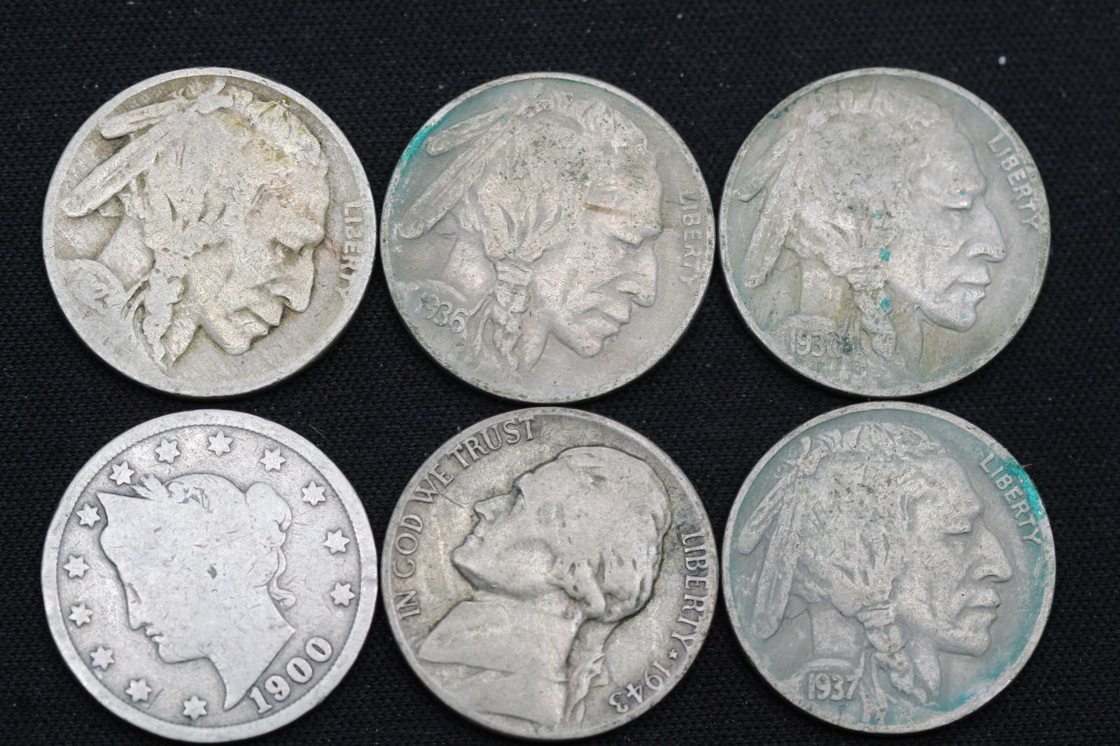 1900 V Nickel, 1923 Buffalo Nickel, 1943-P War Nickel, and 3 Buffaloes (1 of 2)
