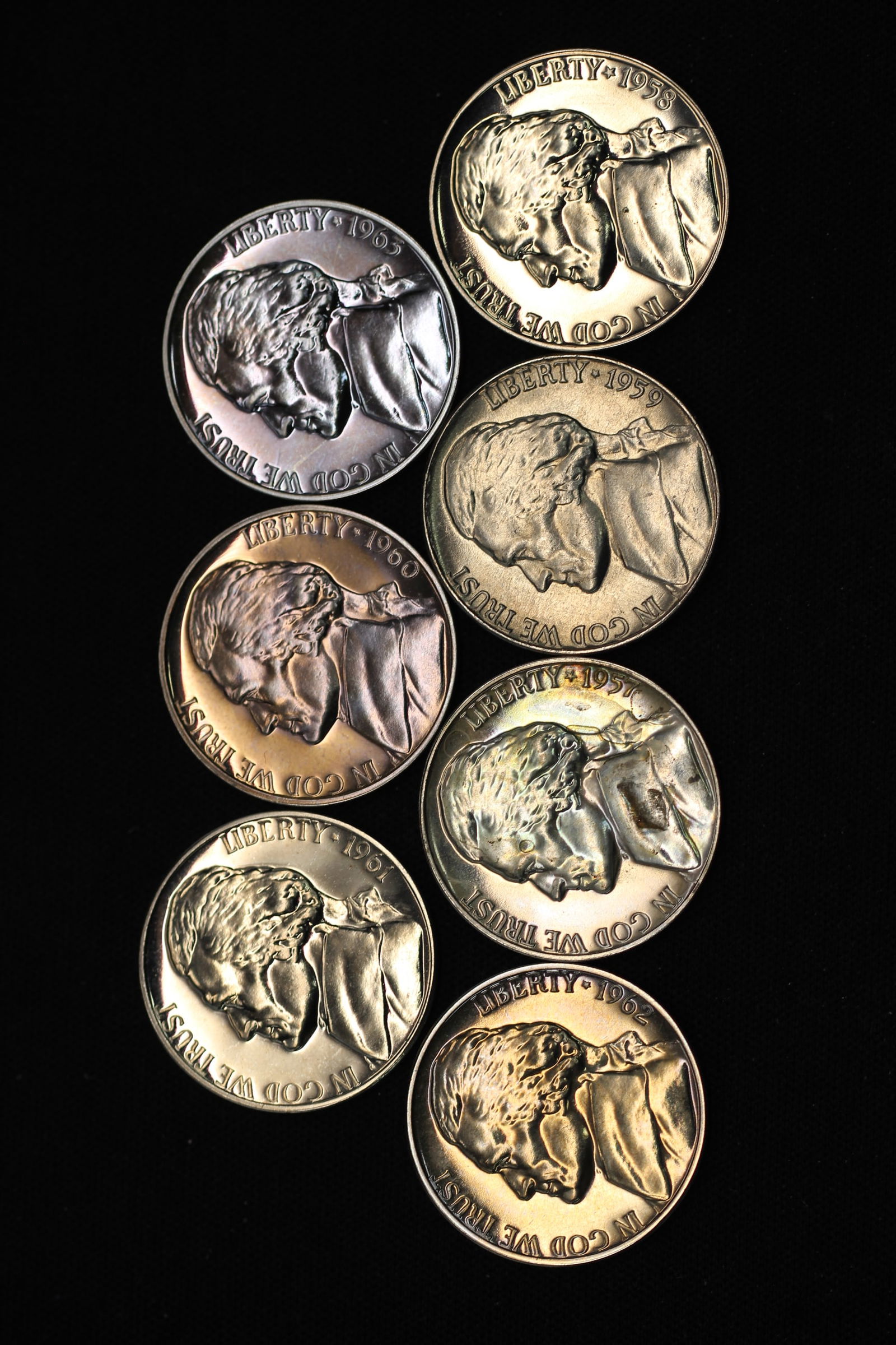 7 Mixed Date Jefferson Nickels. Business Strikes and Proofs 1957-1963 (1 of 2)