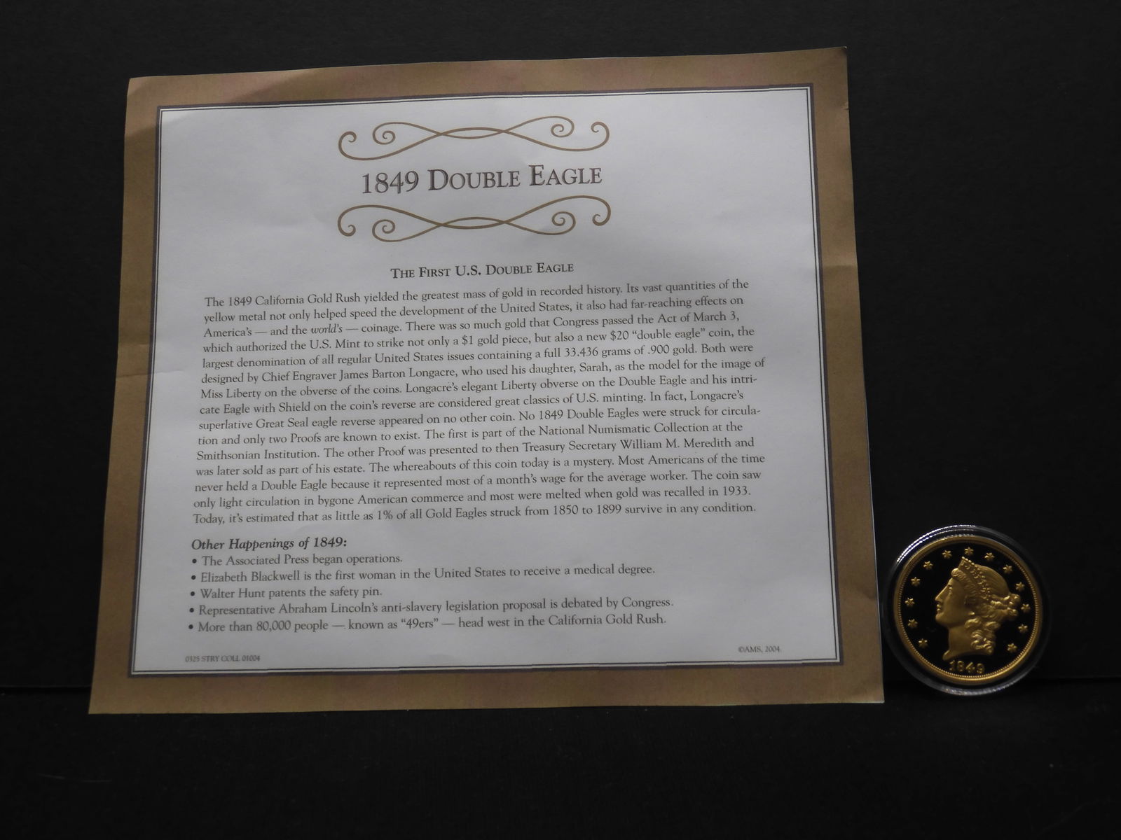 1849 $20 Gold Eagle Rarity Reproduction Coin With Certificate Of Historical Description. (1 of 4)