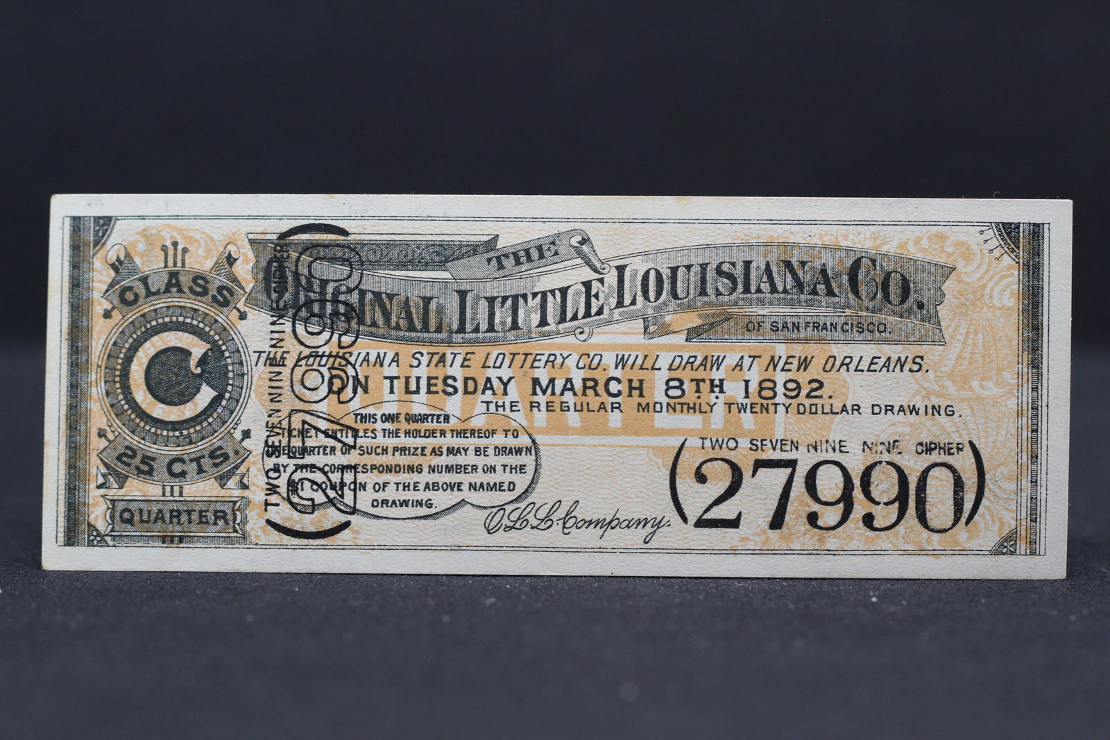 1892 Louisiana Lottery Ticket Obsolete Currency (1 of 3)