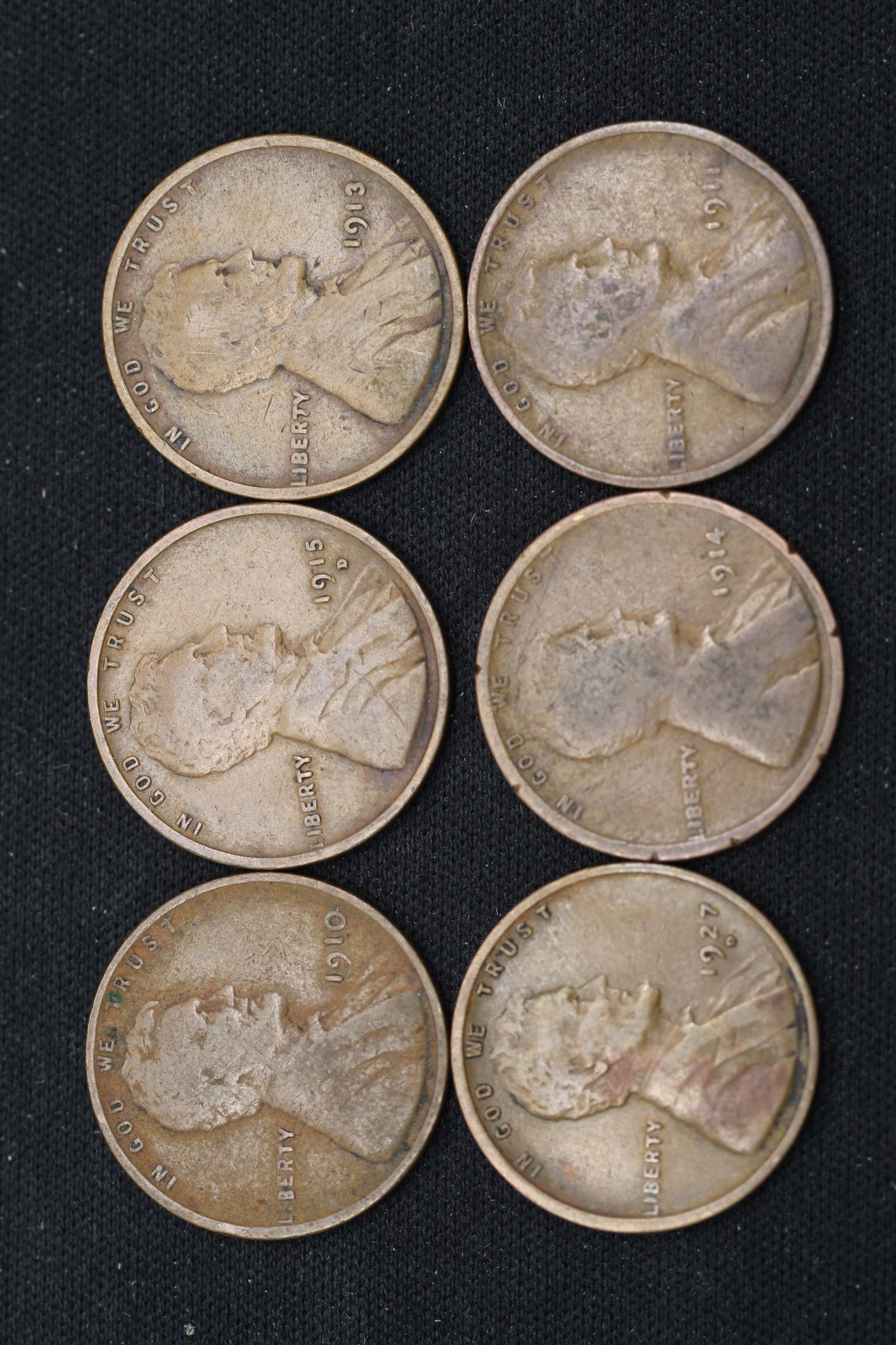 6 Early Wheat Cents 1910, 1911, 1913, 1915D, 1914, 1927D: 6 Early Wheat Cents 1910, 1911, 1913, 1915D, 1914, 1927D