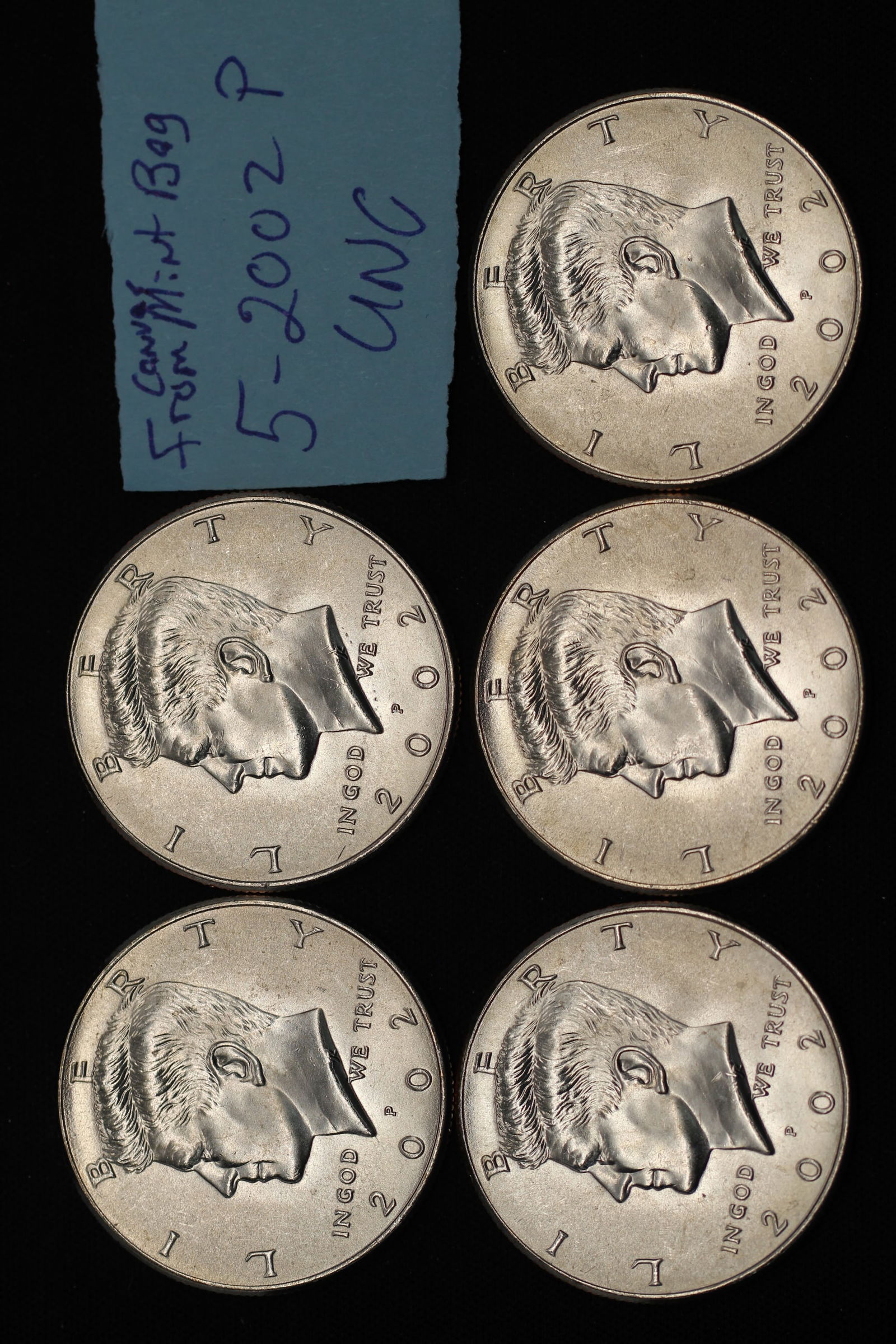 5 2002-P Uncirculated Kennedy Half Dollars From Mint Bag (1 of 2)