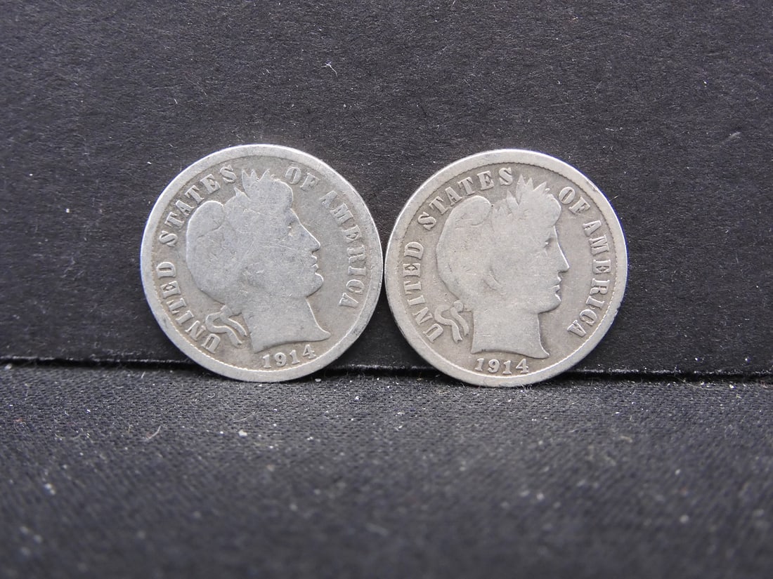 1914 D/S-Silver, 90% Barber Dimes, Over 1 Century Old! (1 of 2)