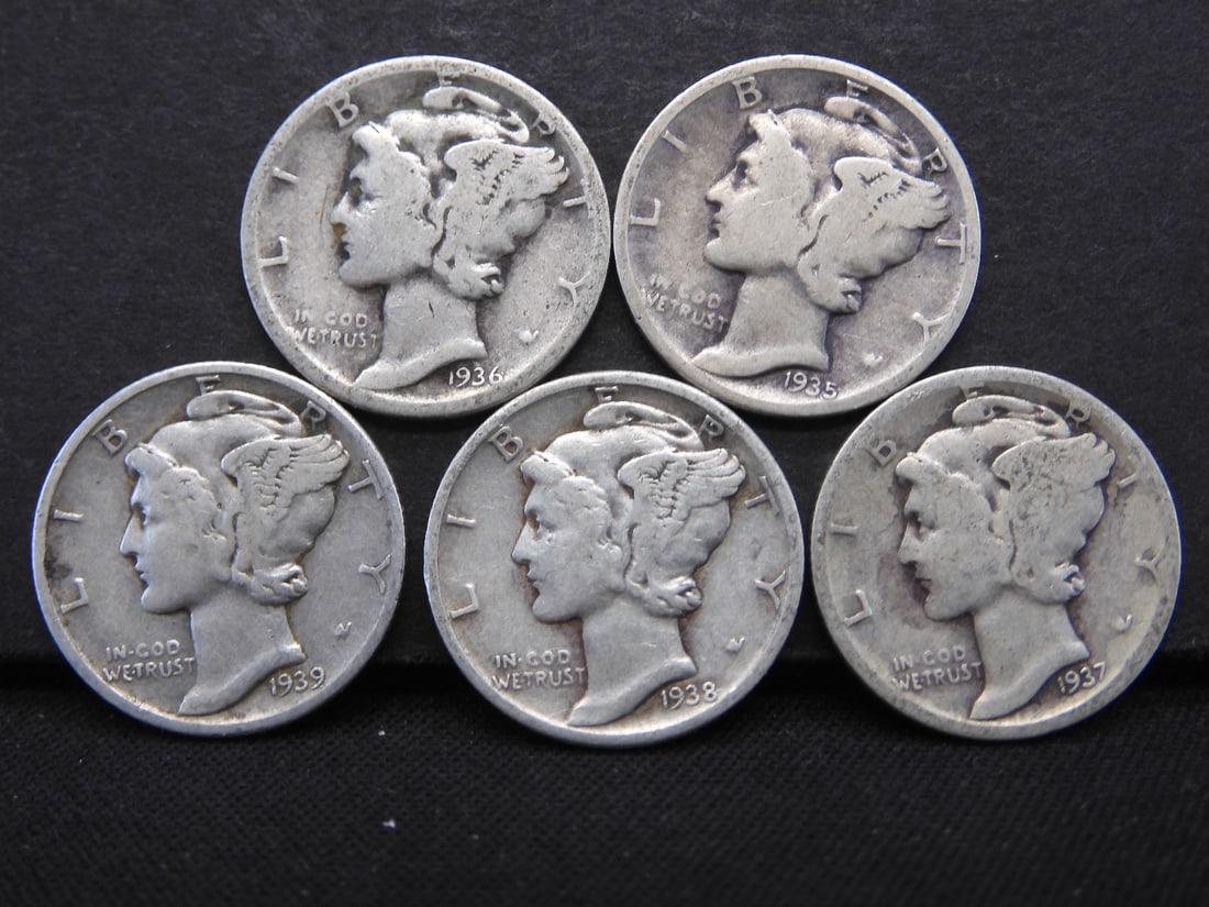 1935, 36, 37-S, 38, 39 Silver Mercury Dimes (1 of 2)