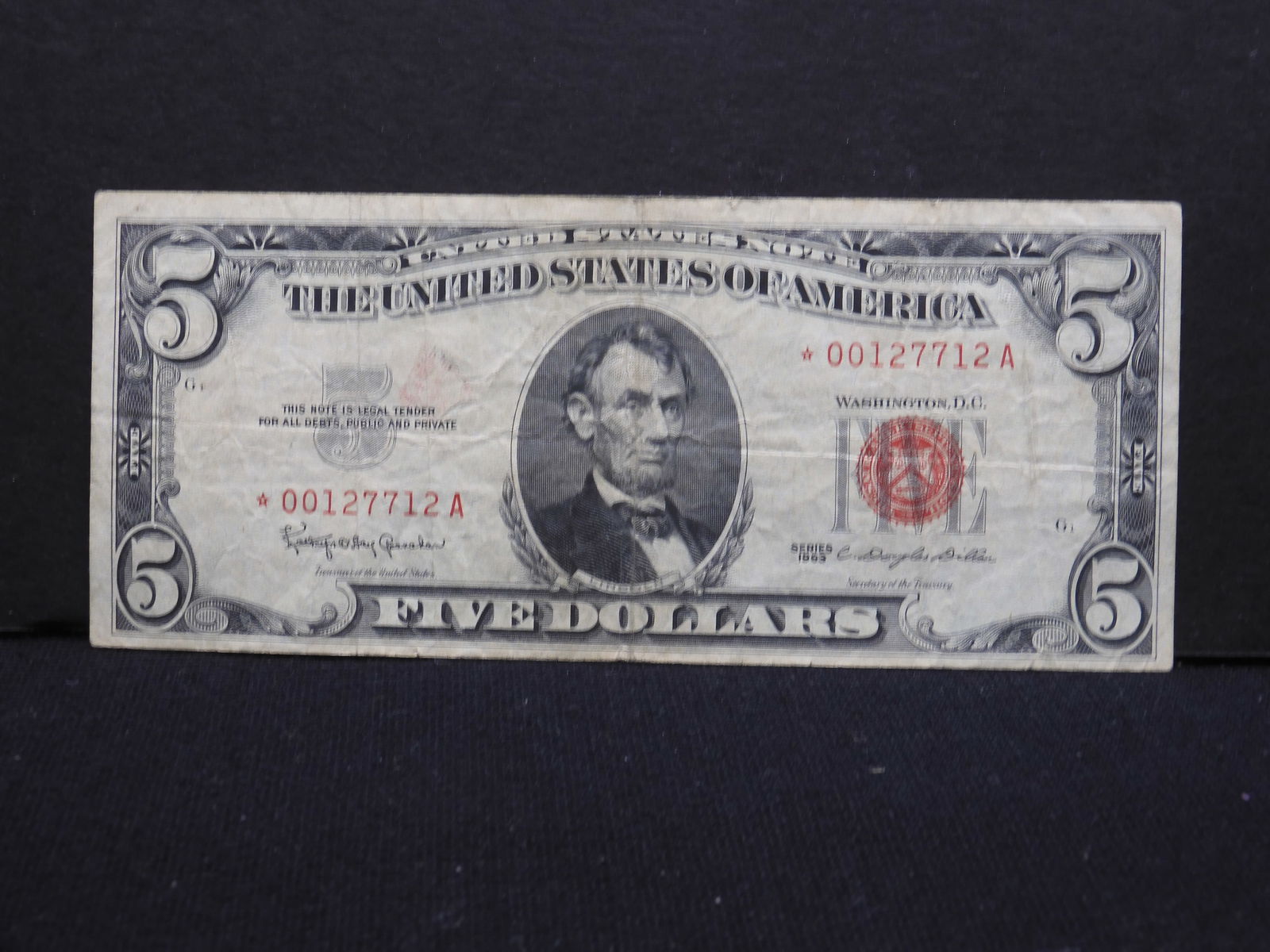 1963 $5 US Red Seal Note. STAR replacement note. SCARCE VF plus. (1 of 3)