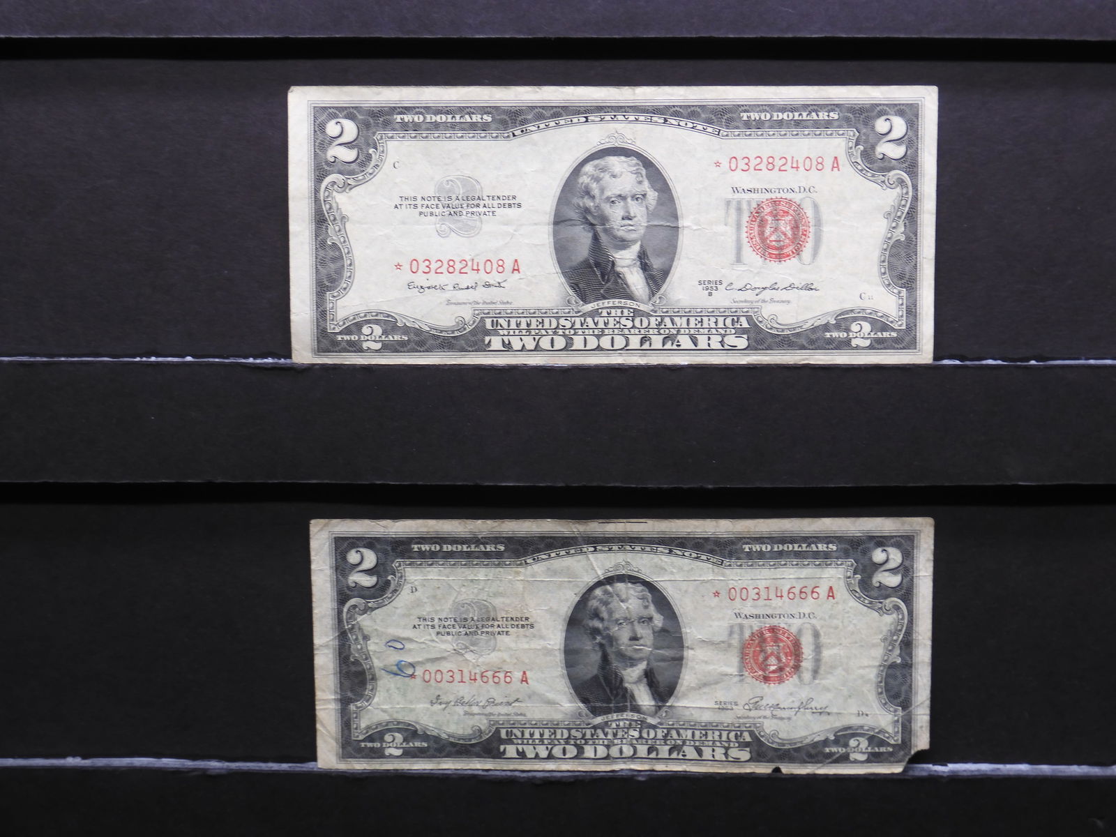 Two 1953 $2 Red Seal Notes both STAR replacements. 1953 heavily circulated and 1953 B nice very (1 of 3)
