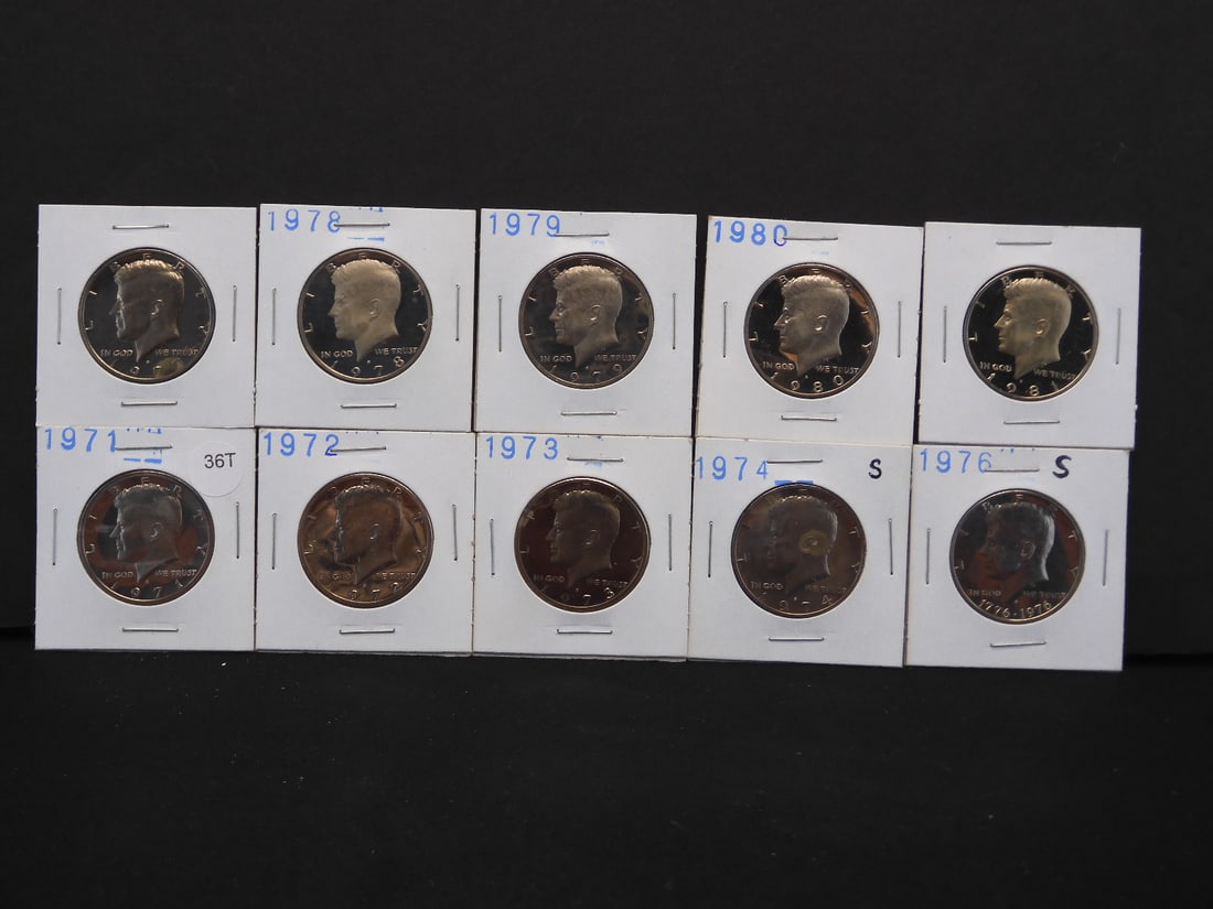 10 Proof Kennedy Halves 1971-S -1981-S (No 1975-S): 10 Proof Kennedy Halves 1971-S -1981-S (No 1975-S)