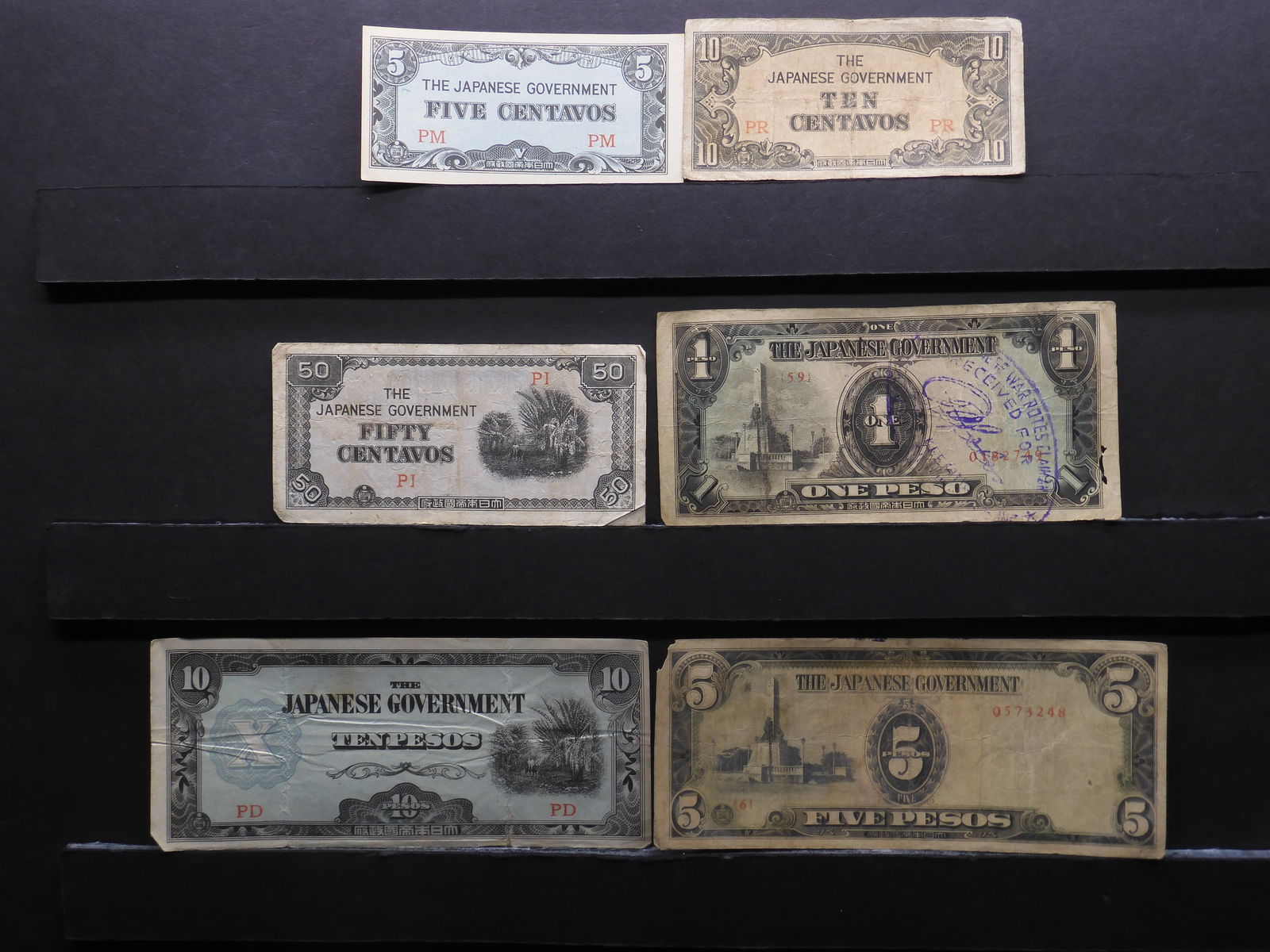1943 Japan 5, 10, 50 Centavos And 1, 5, 10 Pesos Philippines WWII Military Invasion Currency.  6 (1 of 5)