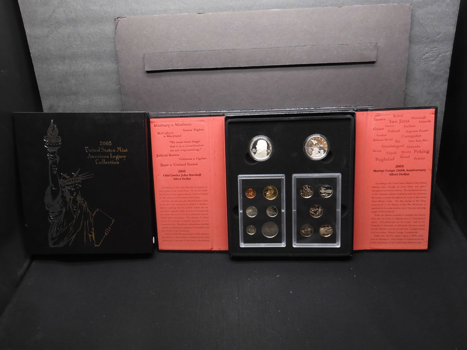 2005 US Mint Am. Lgcy Coll. - includes 2005-S Proof Set, Chief Justice John Marshall Silver $1,: 2005 US Mint Am. Lgcy Coll. - includes 2005-S Proof Set, Chief Justice John Marshall Silver $1, Marine Corps 230th Anniv. Silver $1