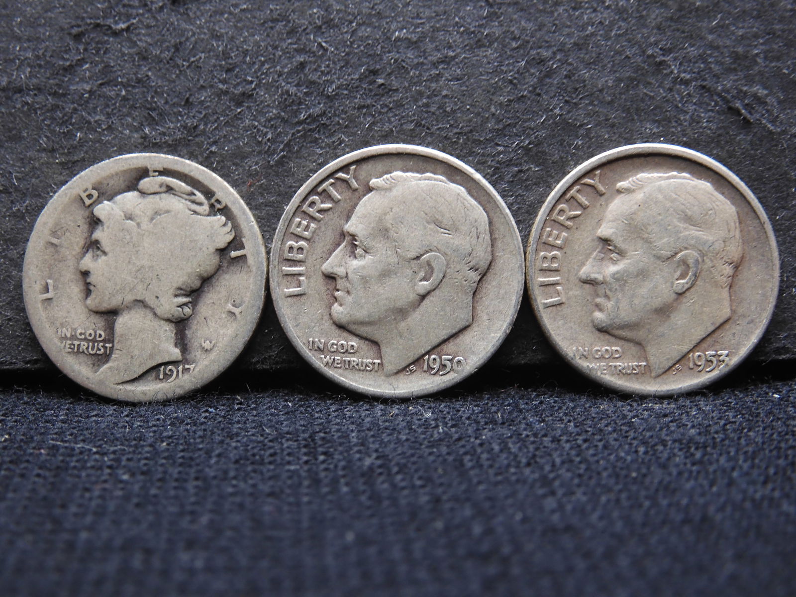 1950 D,1953 Roosevelt Silver Dimes, 1917 S Mercury Dime (1 of 3)