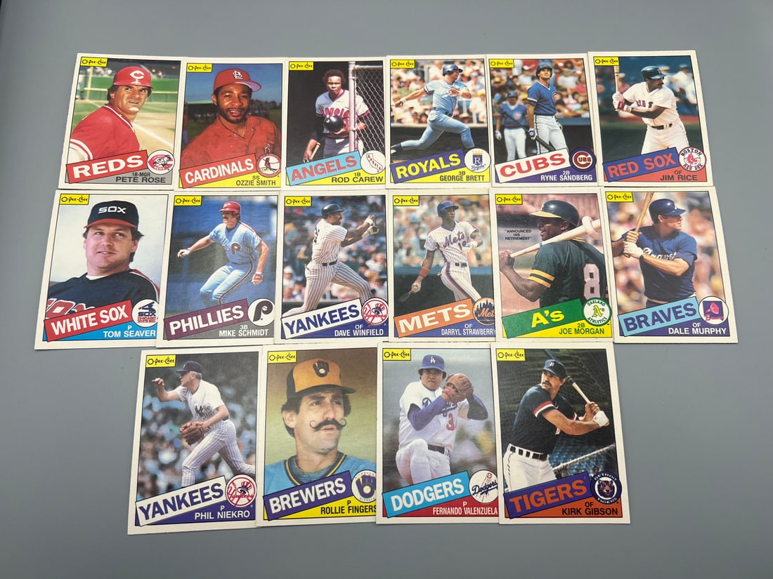 Lot of (16) 1985 O-Pee-Chee Baseball Star Player Cards - Pete Rose, Rod Carew, George Brett (1 of 2)