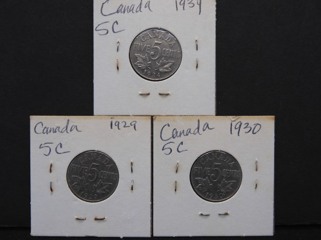 1929, 1930 & 1934 - Canada - Silver 5C Coin; George V (3 coins) (1 of 3)
