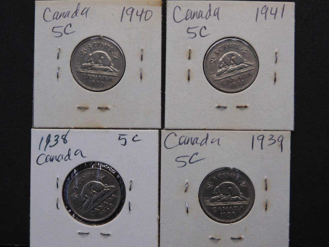 1938, 1939, 1940 & 1941 - Canada - Silver 5C Coin; George VI (4 coins) (1 of 5)